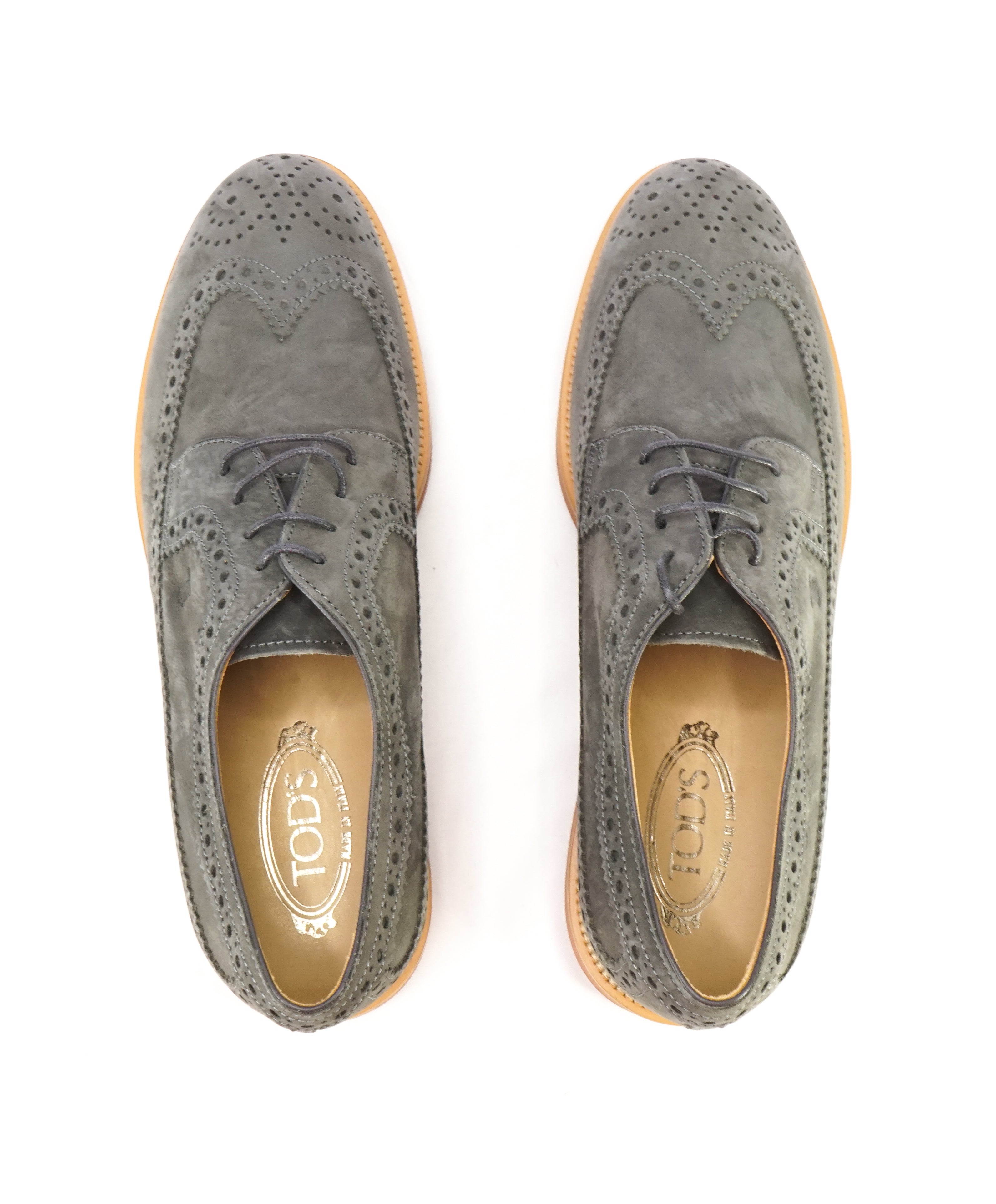 TOD’S - Gray Brogue Wingtip Suede Oxfords W Logo And Contrast Sole - 11US