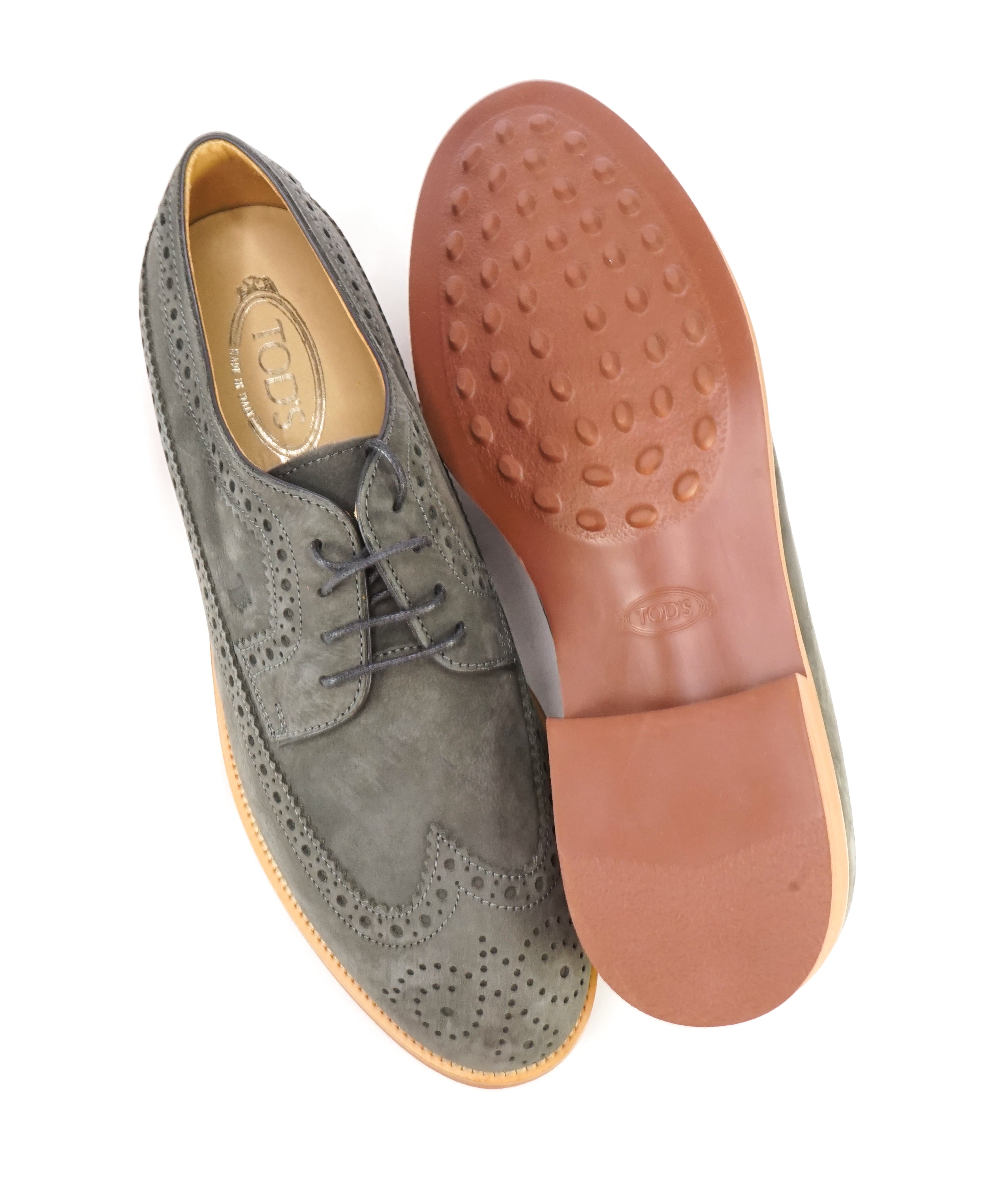 TOD’S - Gray Brogue Wingtip Suede Oxfords W Logo And Contrast Sole - 11US