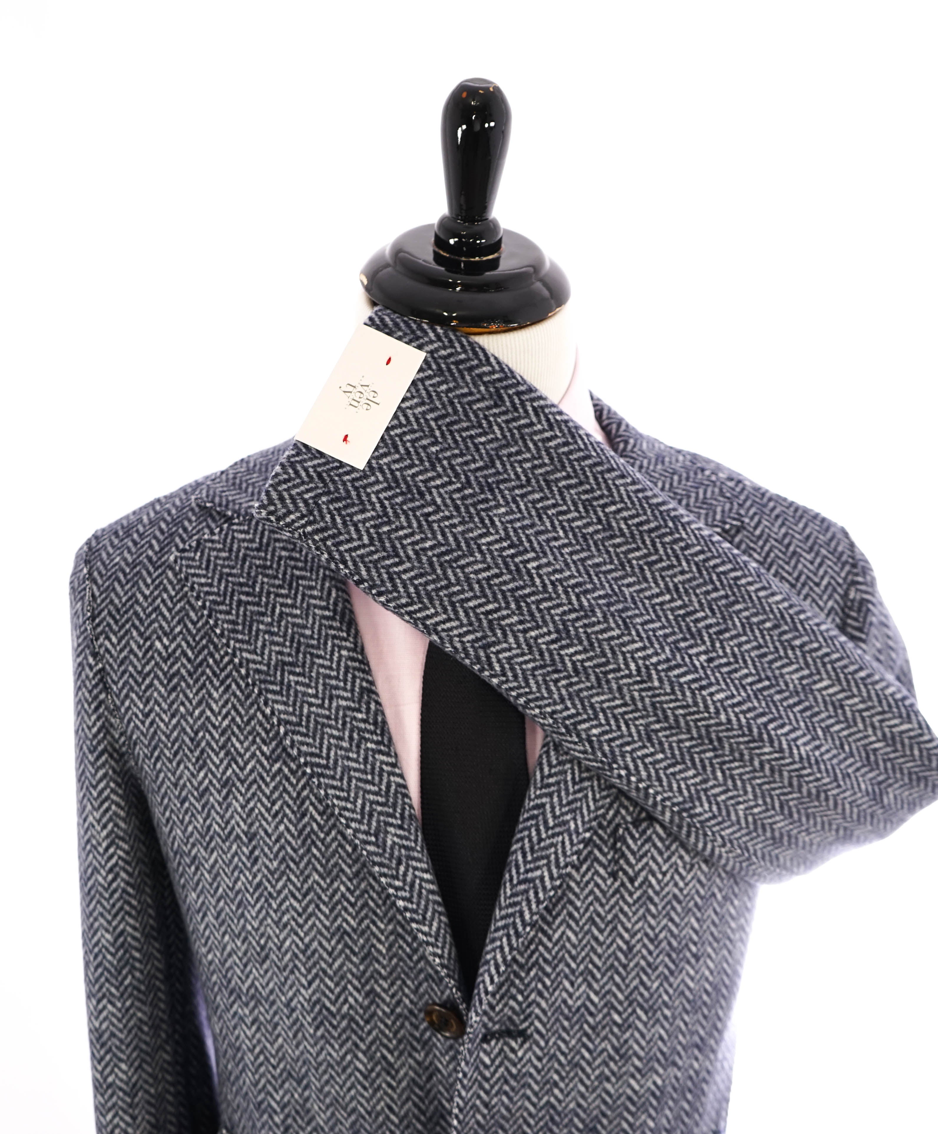 ELEVENTY - Blue Herringbone Suede Detail Logo Button Coat - 42R (52 EU)