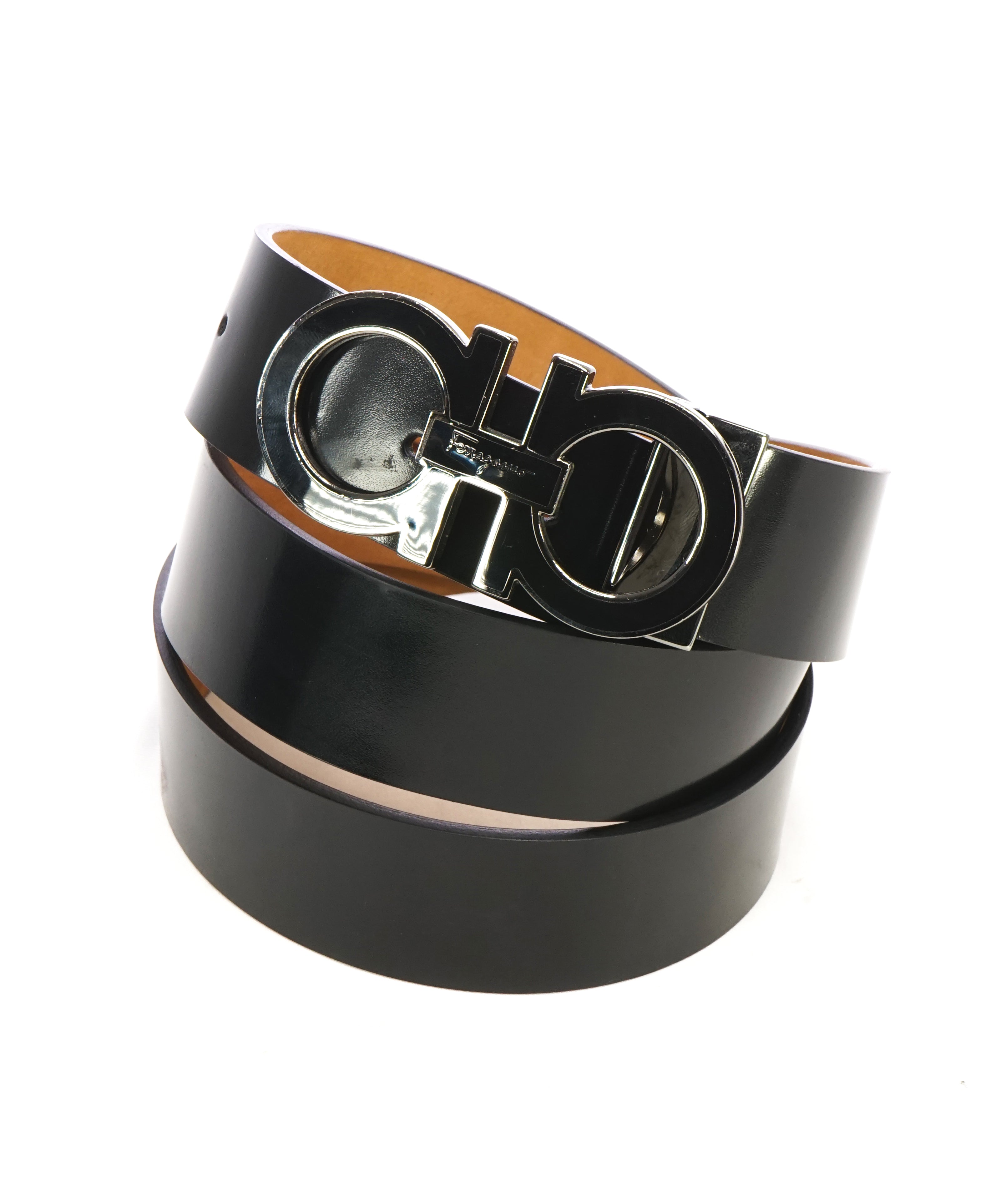 SALVATORE FERRAGAMO - Gloss Finish Black Gancini Buckle Leather Belt - 44W