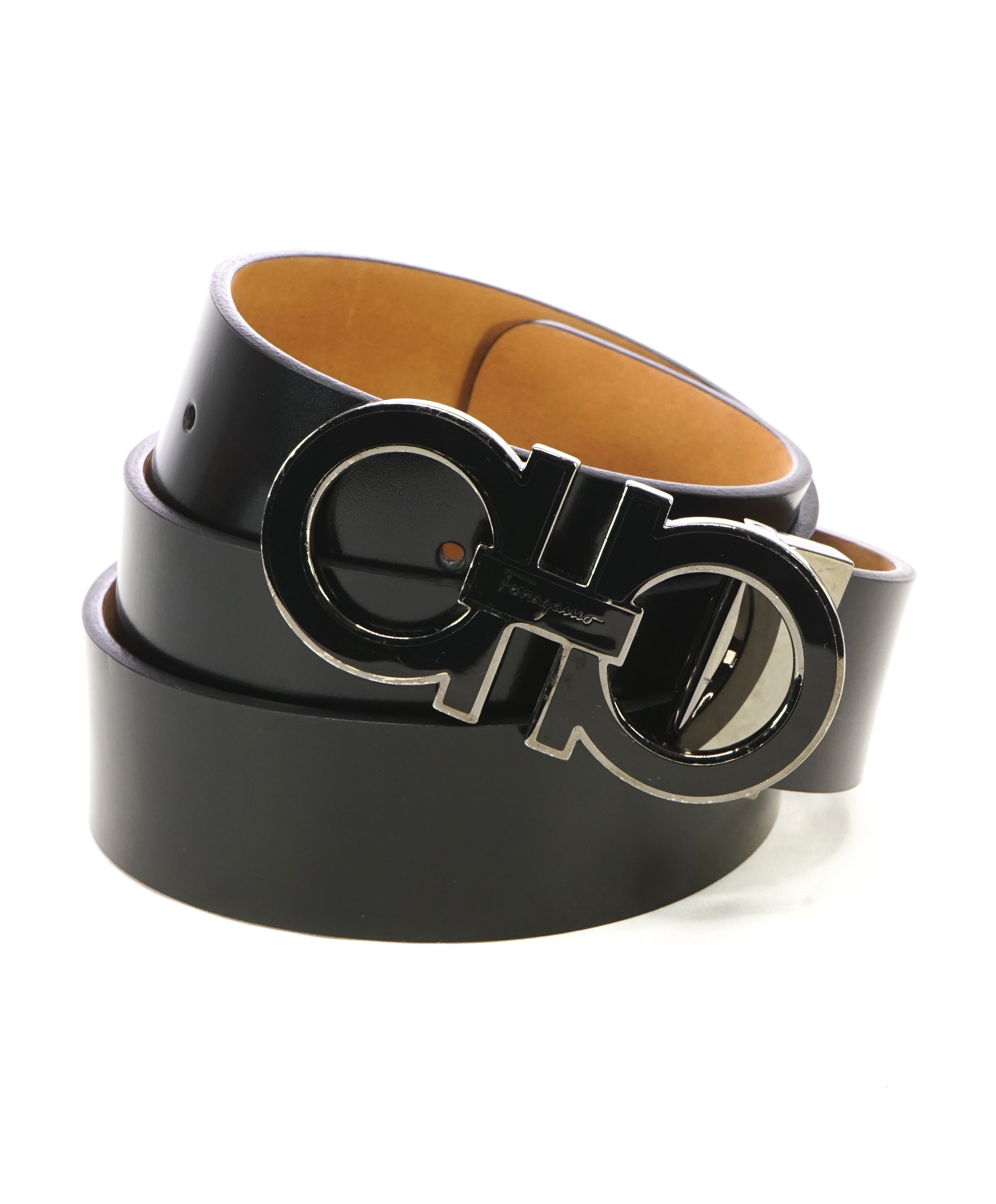 SALVATORE FERRAGAMO - Gloss Finish Black Gancini Buckle Leather Belt - 40W