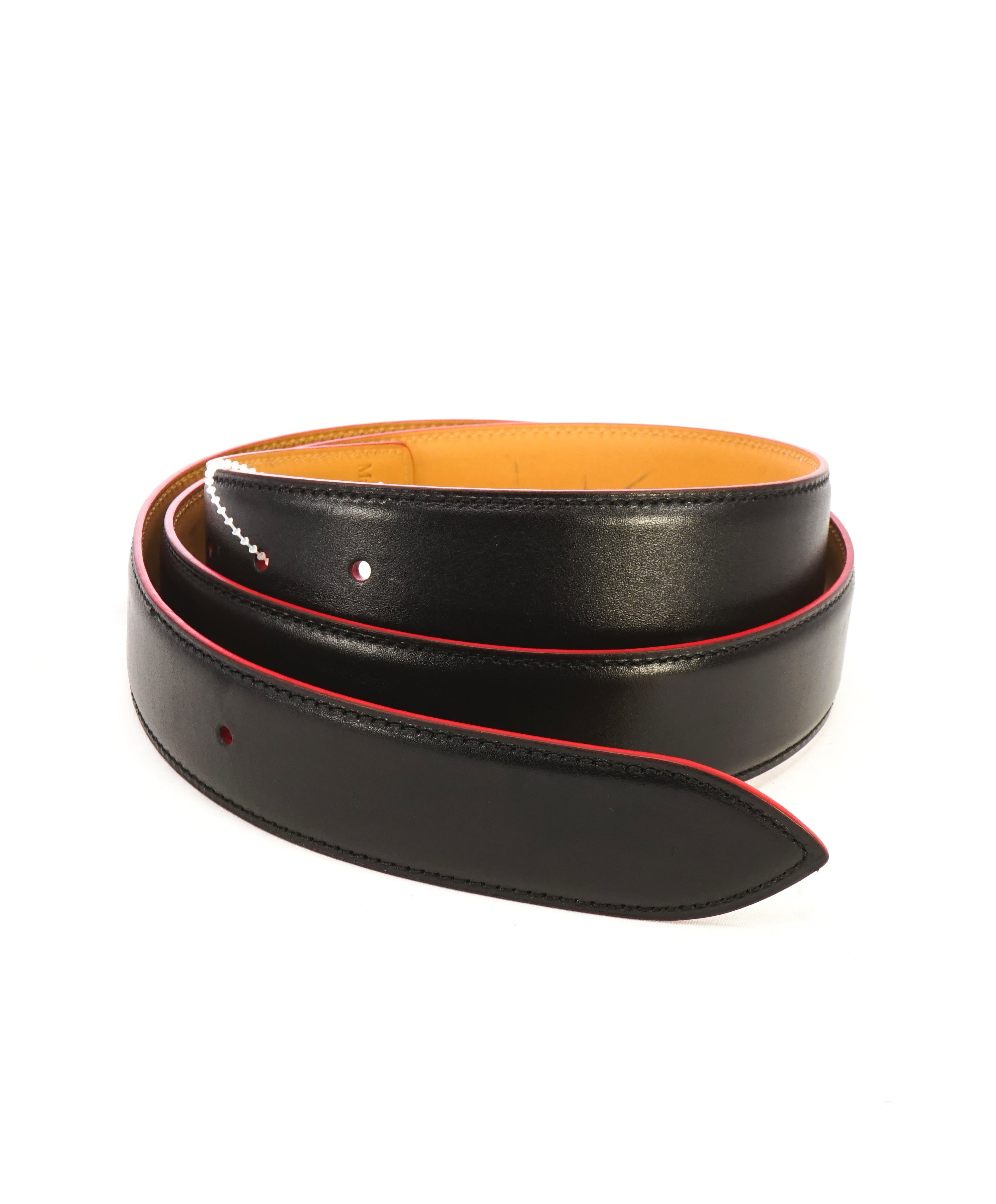 CORTHAY - "ARCA" Red Trim Black Leather Belt Strap - 100CM