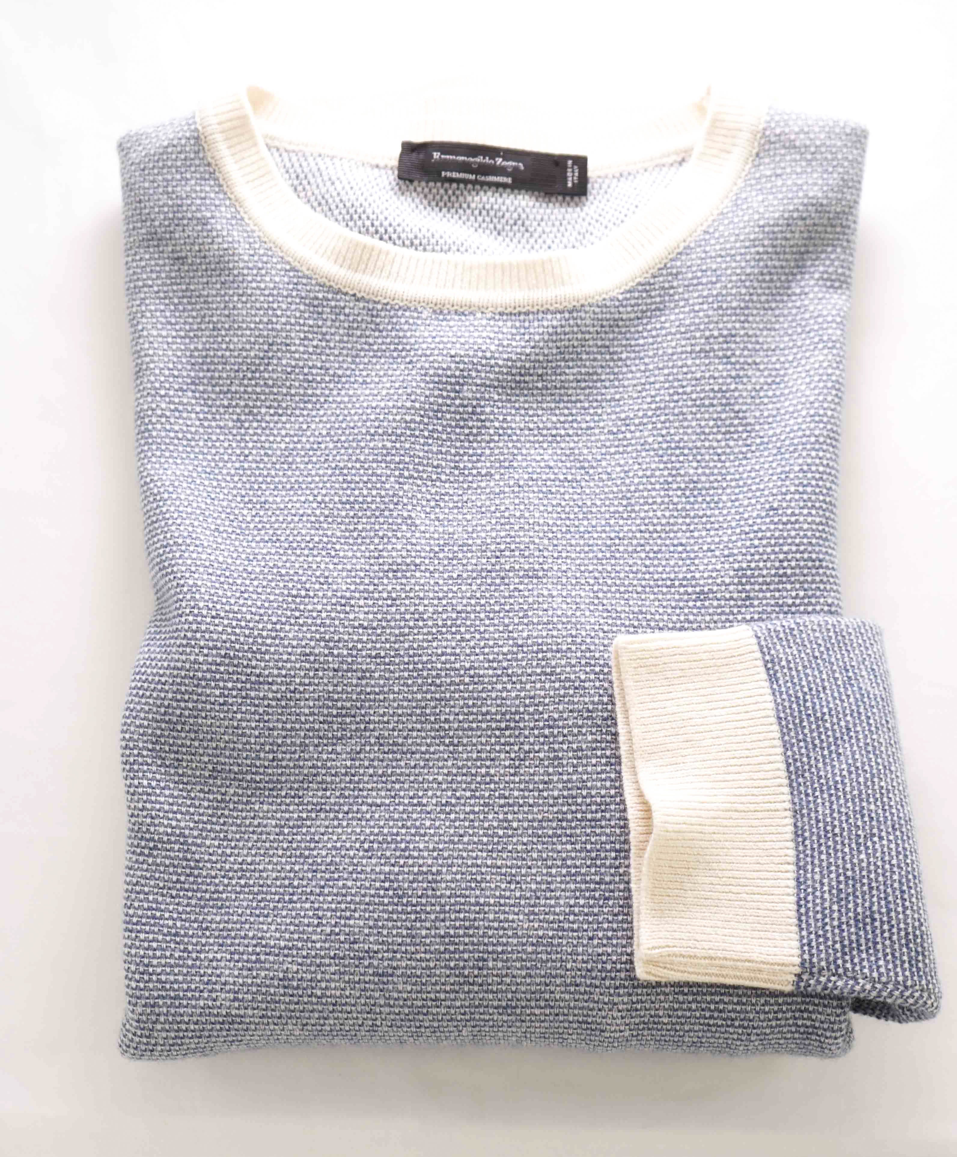 $1,495 ERMENEGILDO ZEGNA -*PURE CAHSMERE* Blue/Ivory Sweater- 42 Large