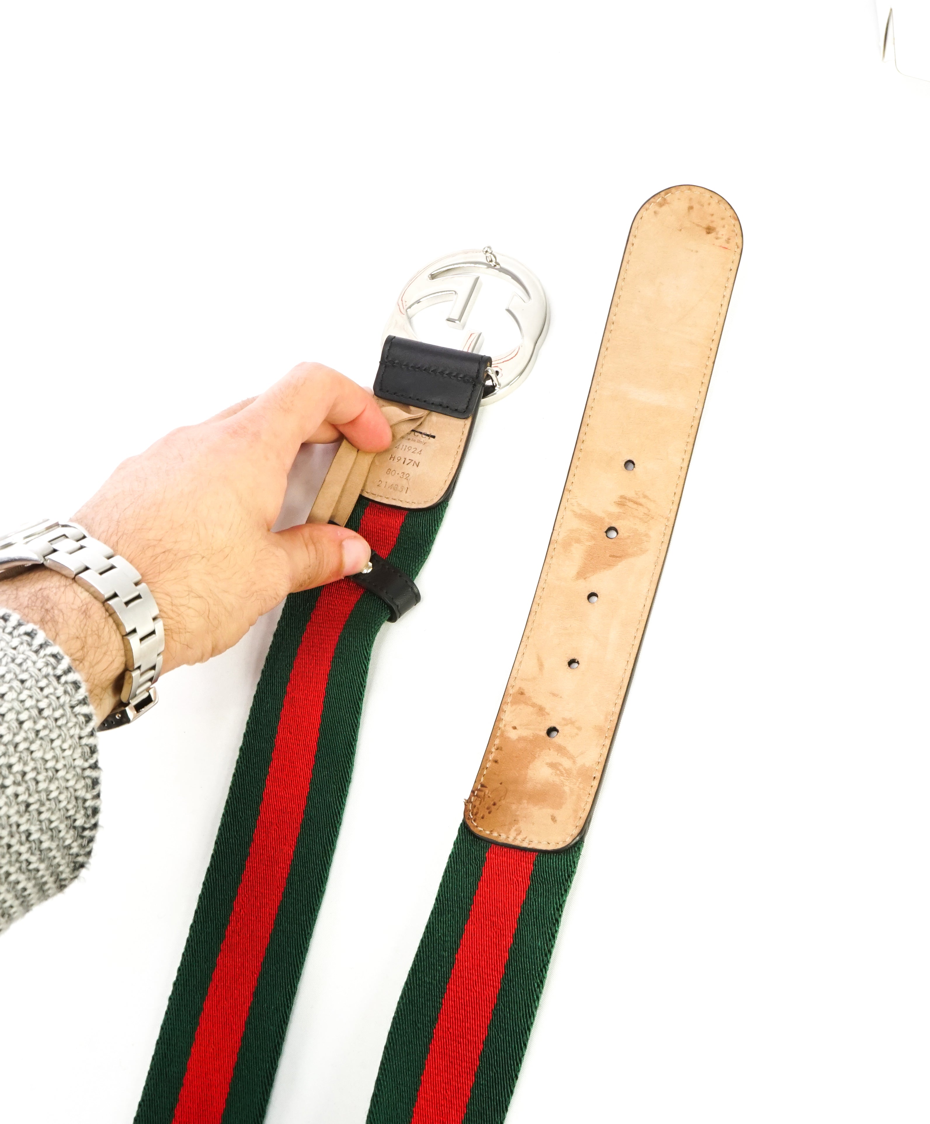 GUCCI - Interlocking GG Belt Leather & Red/Green Web - 32W (80CM)