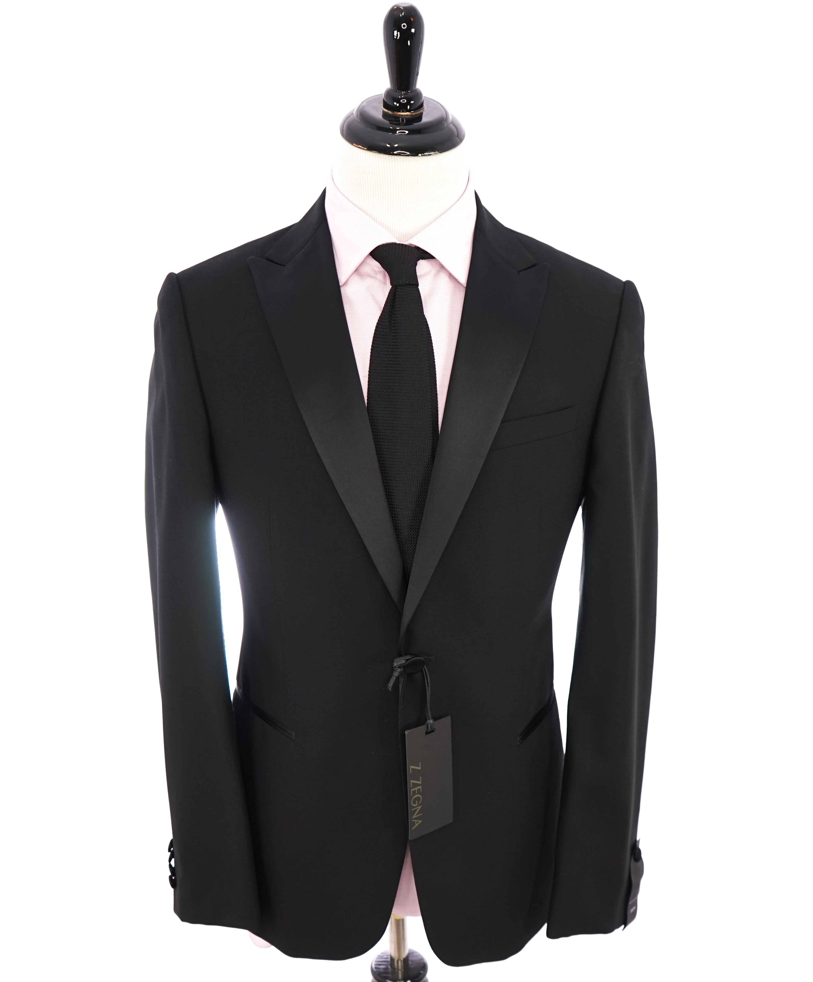 Z ZEGNA - Black Textured Fabric W Silk Lapel Drop 8 Wool Tuxedo Suit - 42R