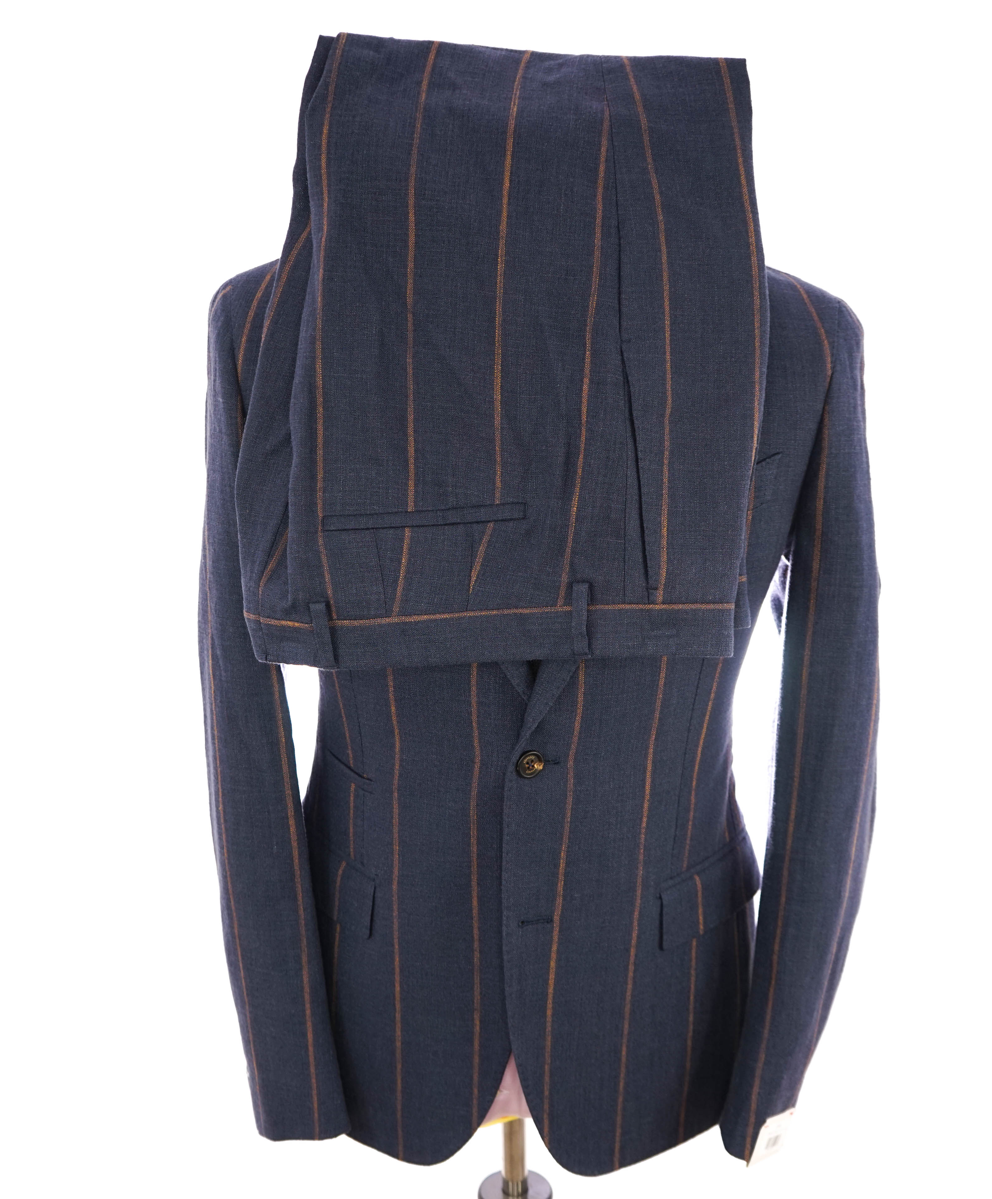 ELEVENTY - *PLATINUM LINE* Blue & Camel Chalk Stripe LINEN/SILK Suit - 40US