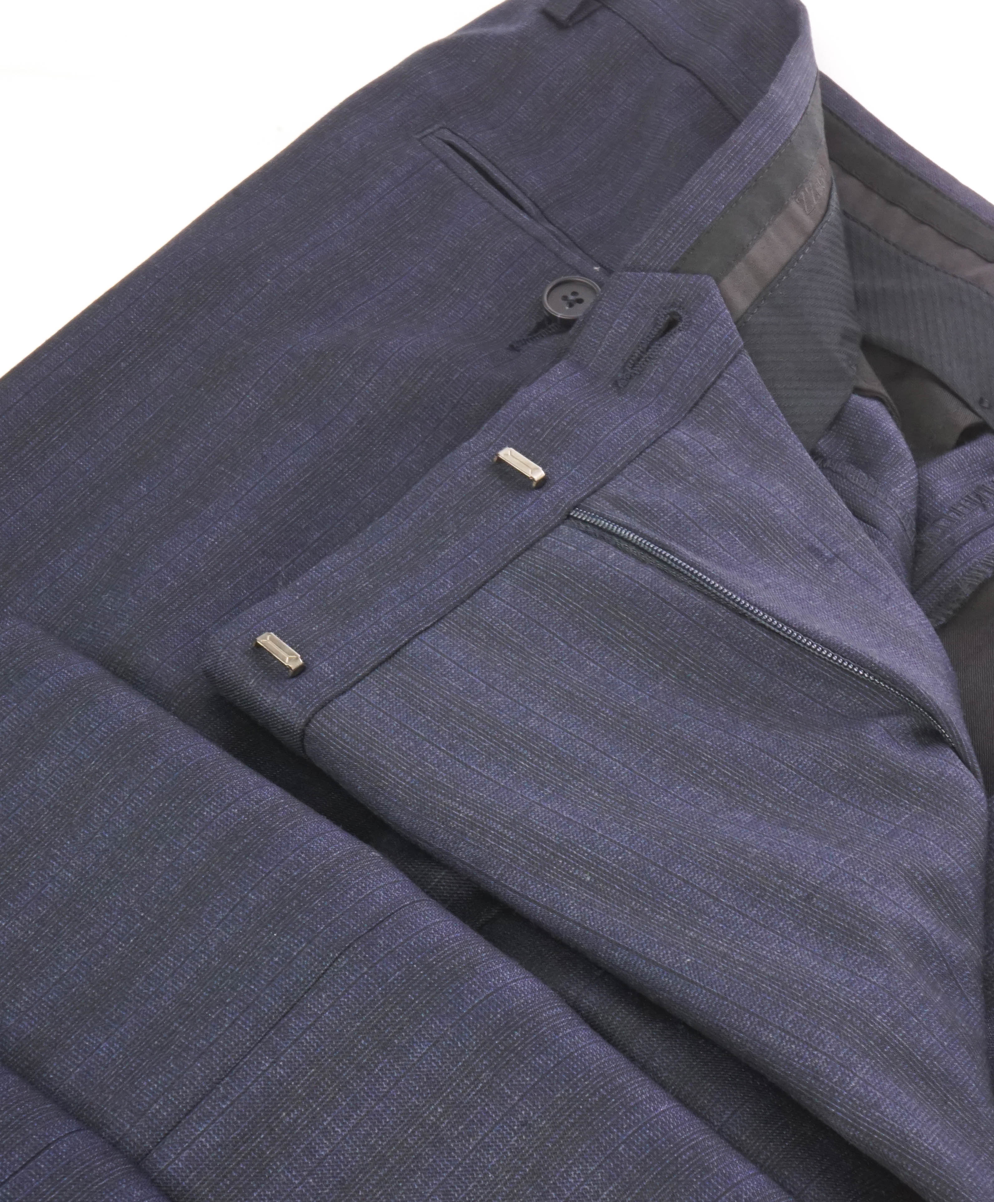 Z ZEGNA - Blue & Gray Check Plaid Flat Front Wool Dress Pants - 32W