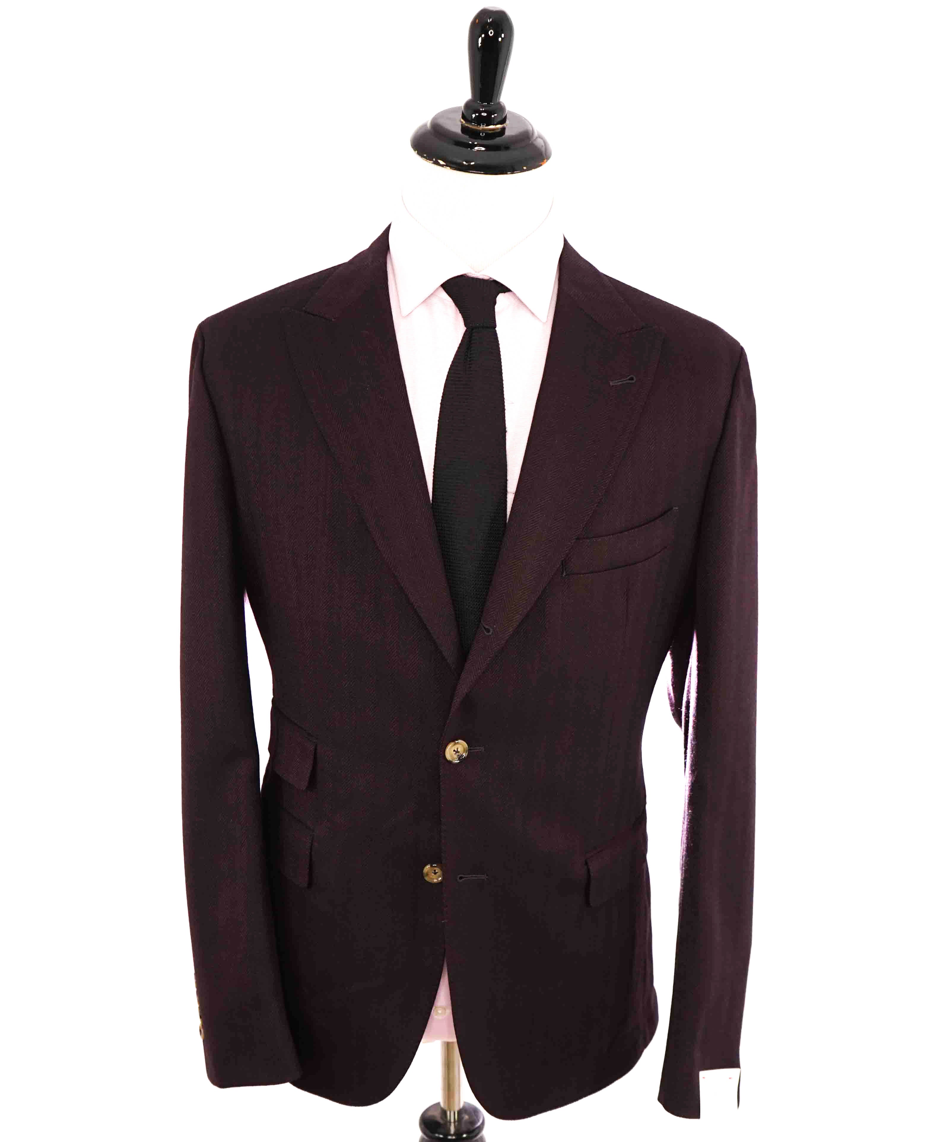 $1,395 ELEVENTY - Burgundy Herringbone Peak Lapel Blazer - 46 (56 EU)