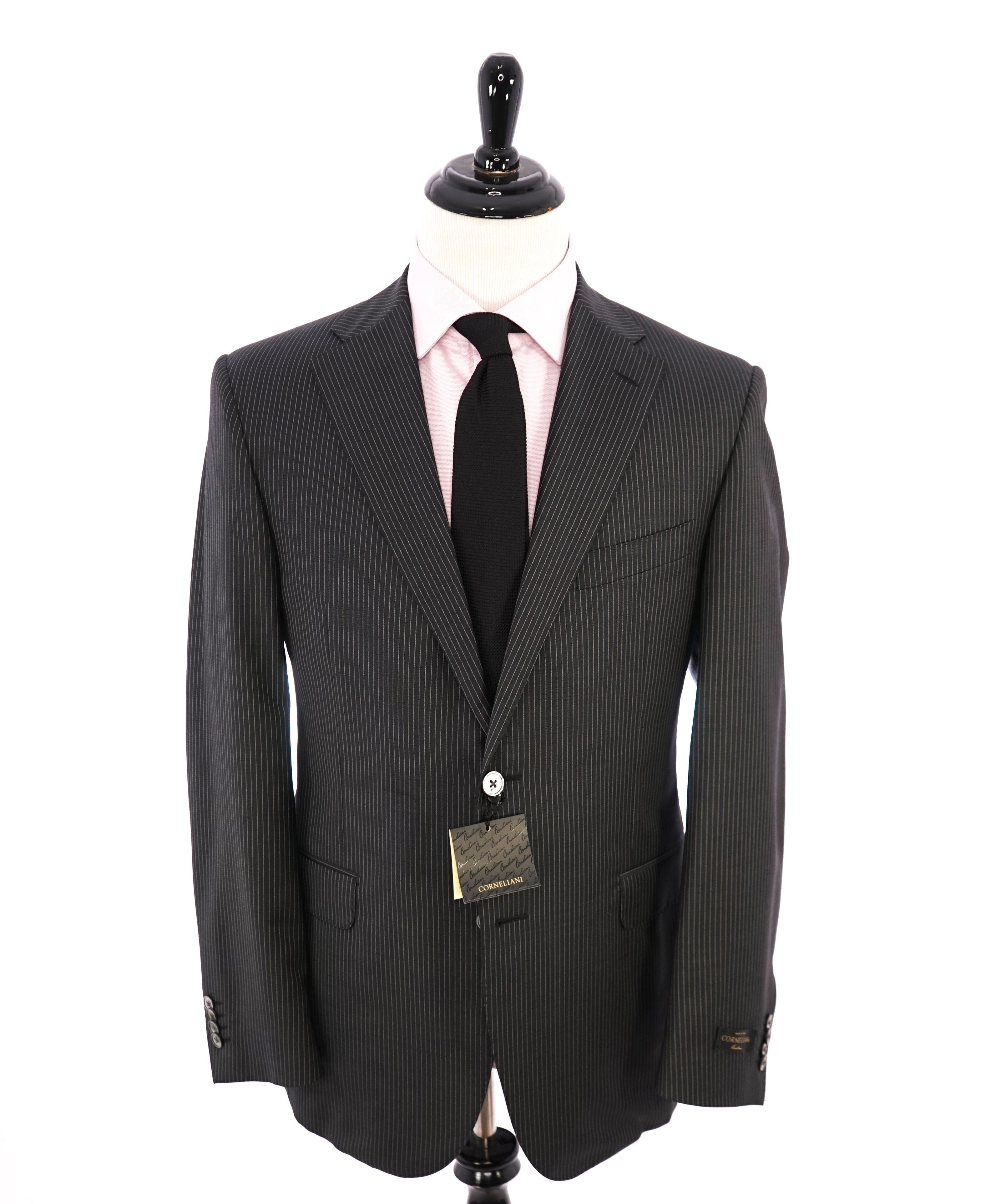 CORNELIANI - "Mother Of Pearl Buttons" Chalk Stripe Black Mohair Blend Suit - 42R