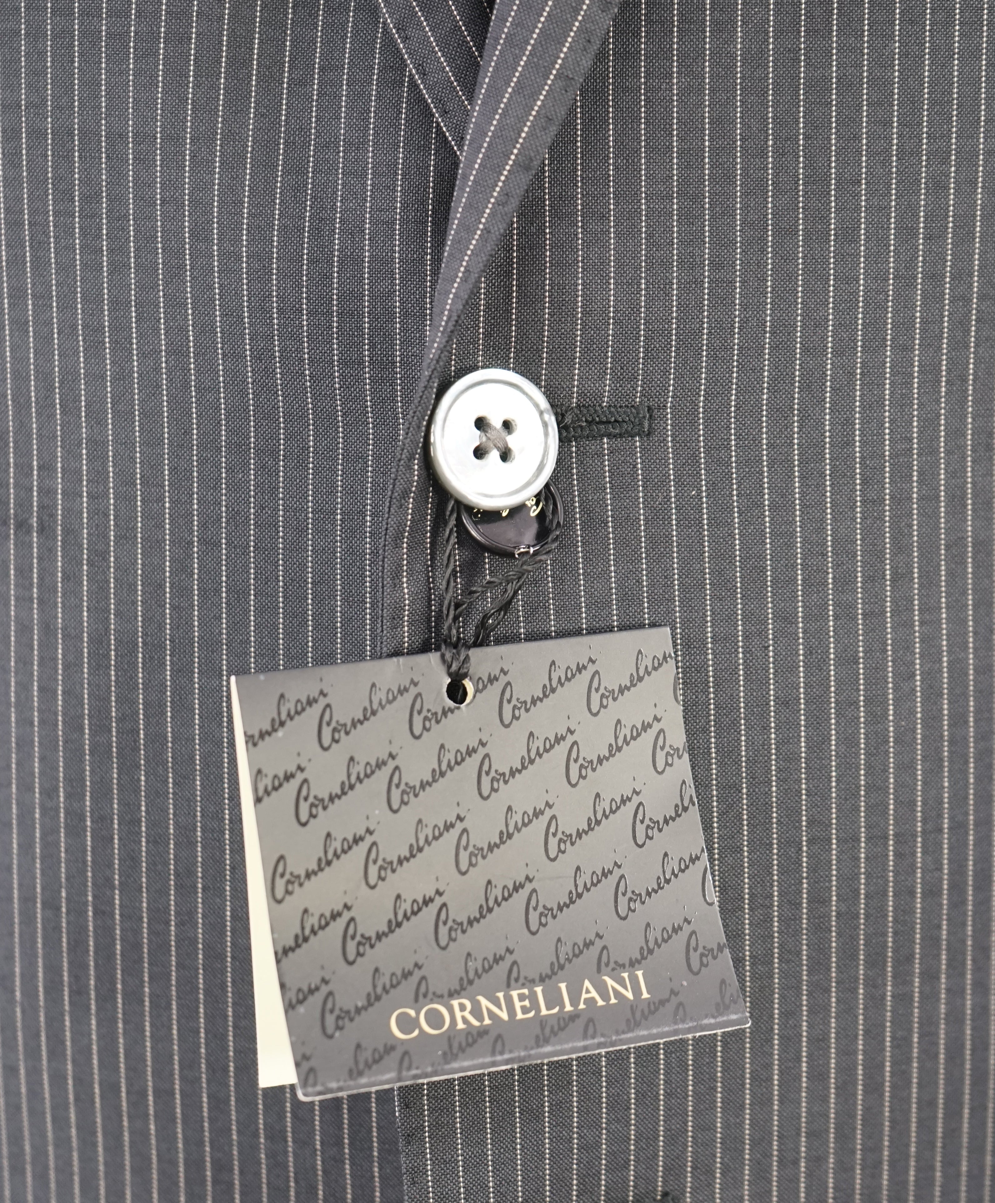 CORNELIANI - "Mother Of Pearl Buttons" Chalk Stripe Black Mohair Blend Suit - 42R