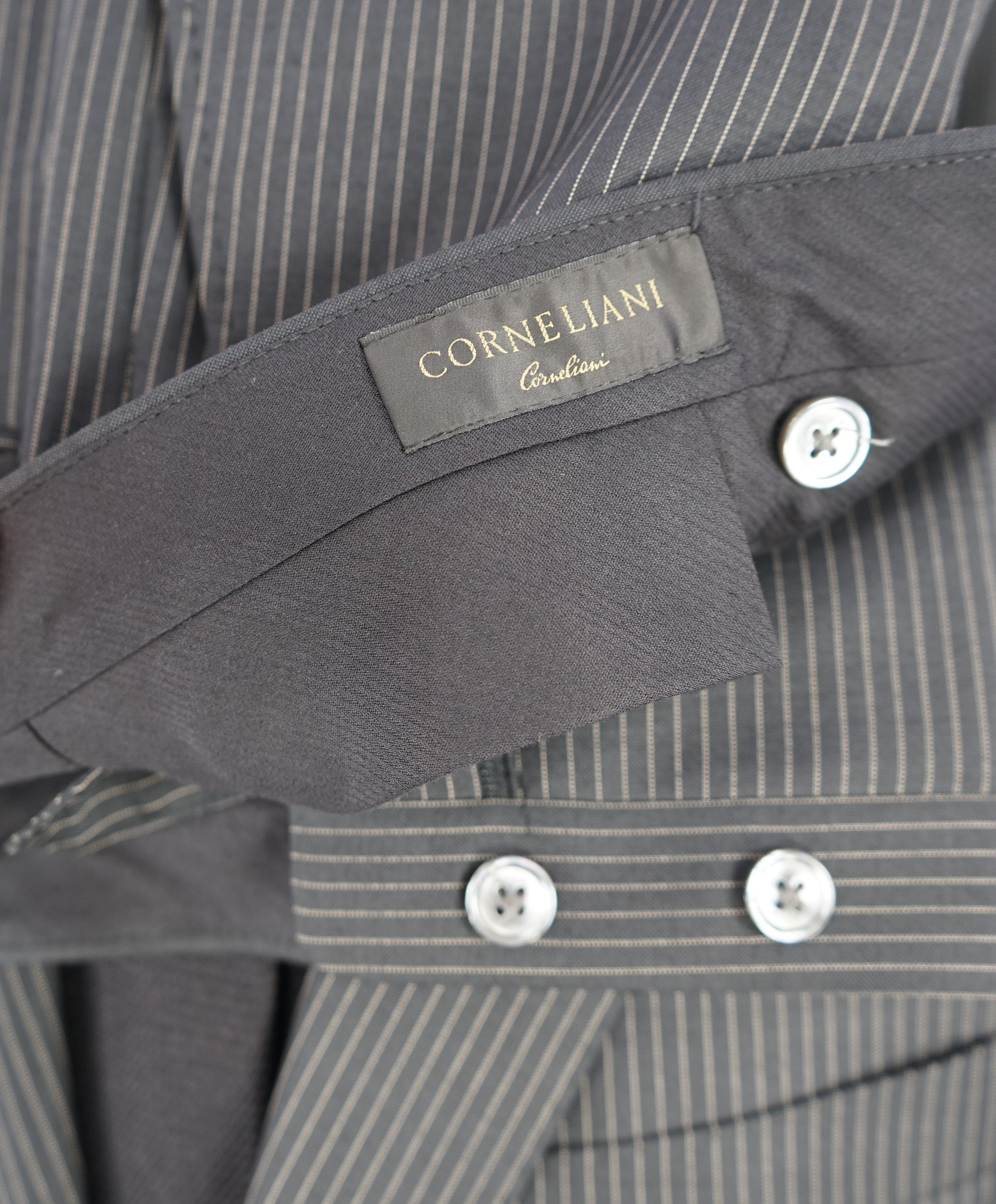 CORNELIANI - "Mother Of Pearl Buttons" Chalk Stripe Black Mohair Blend Suit - 42R