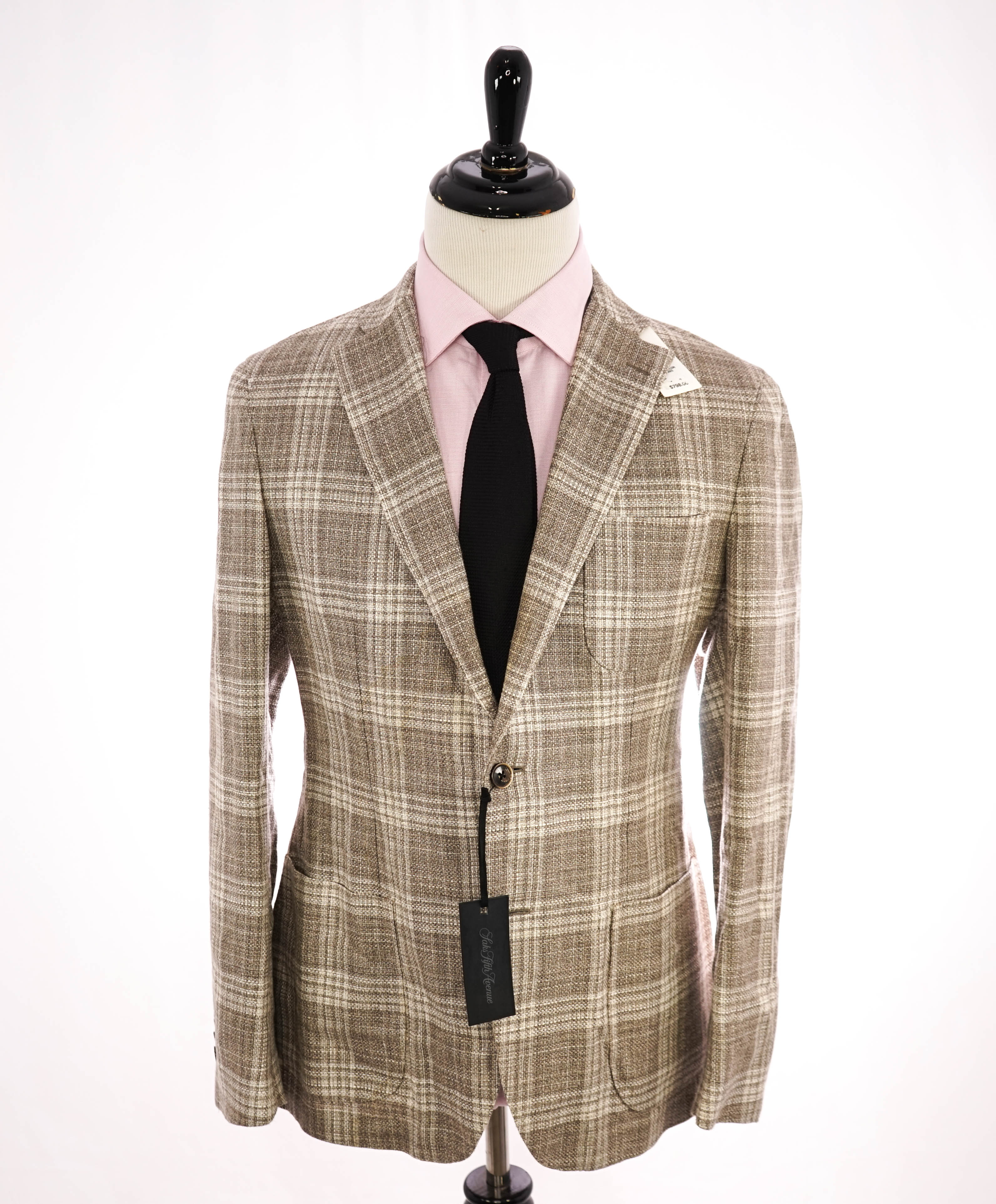 SAKS FIFTH AVENUE - Unlined Natural Shoulder Beige Stone Check Blazer - 42R