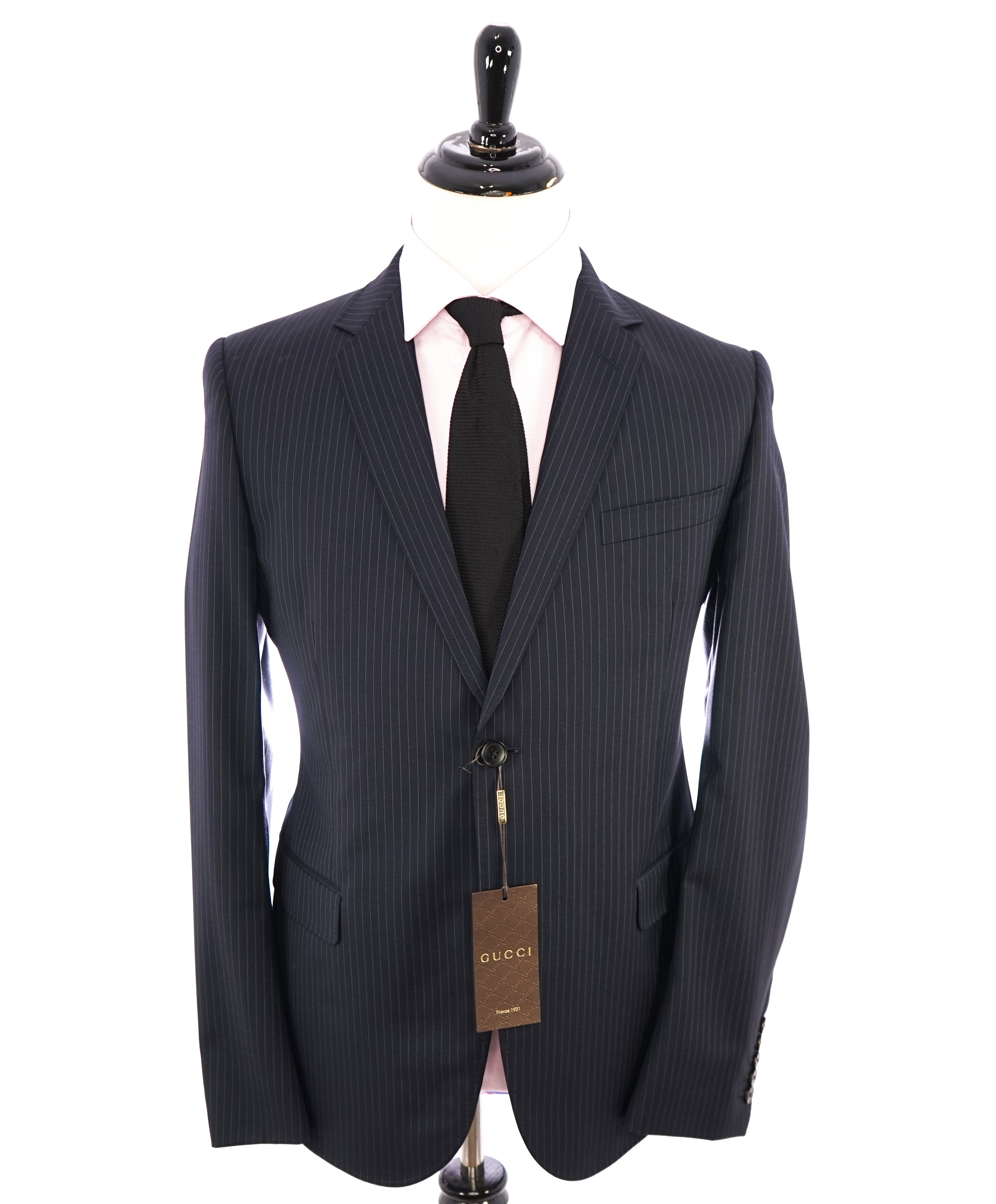 GUCCI - SLIM Mohair Wool ENGRAVED LOGO Buttons Navy Stripe Suit - 44R