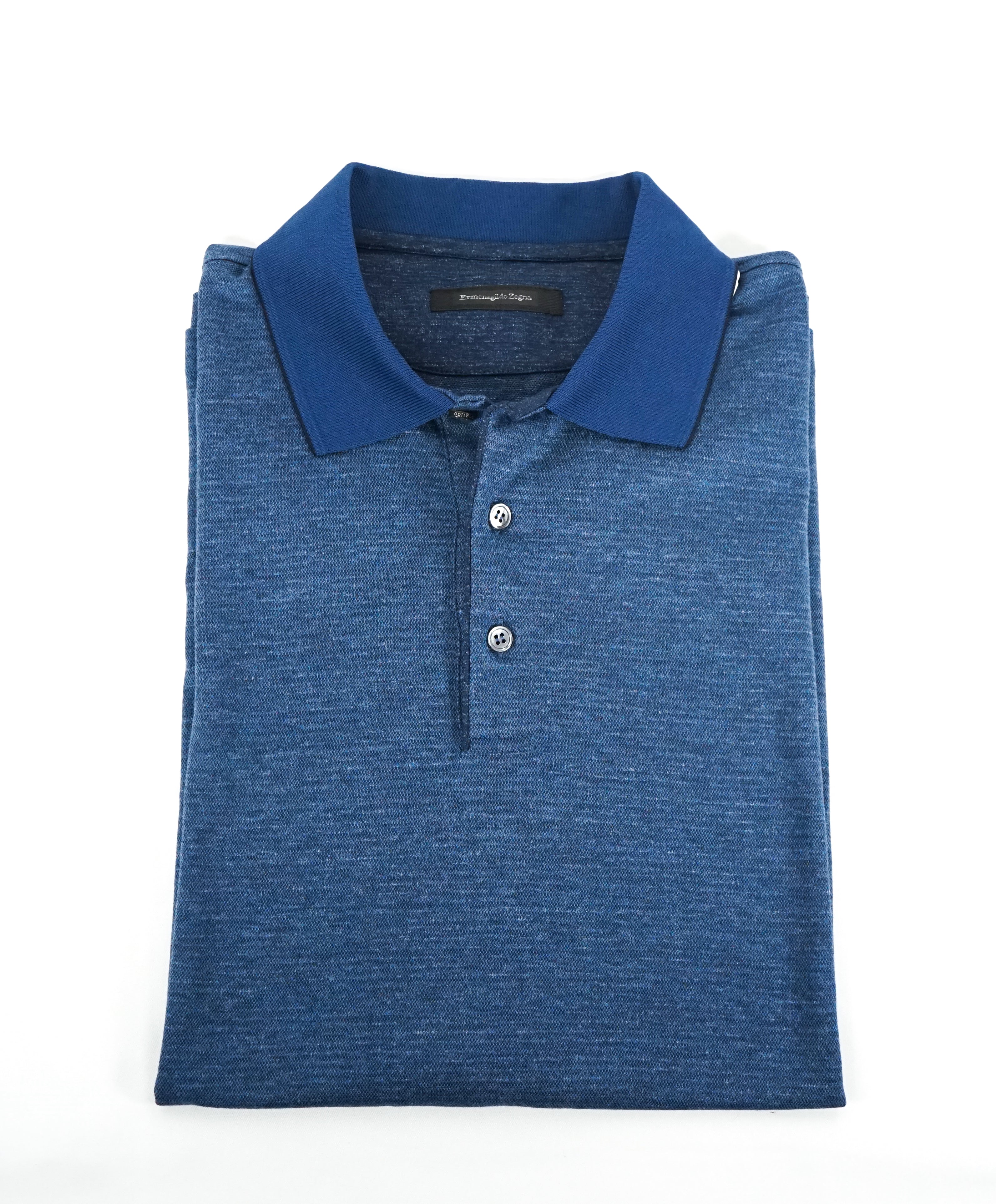 ERMENEGILDO ZEGNA - Blue Tipped Polo Shirt W Engraved Buttons - L