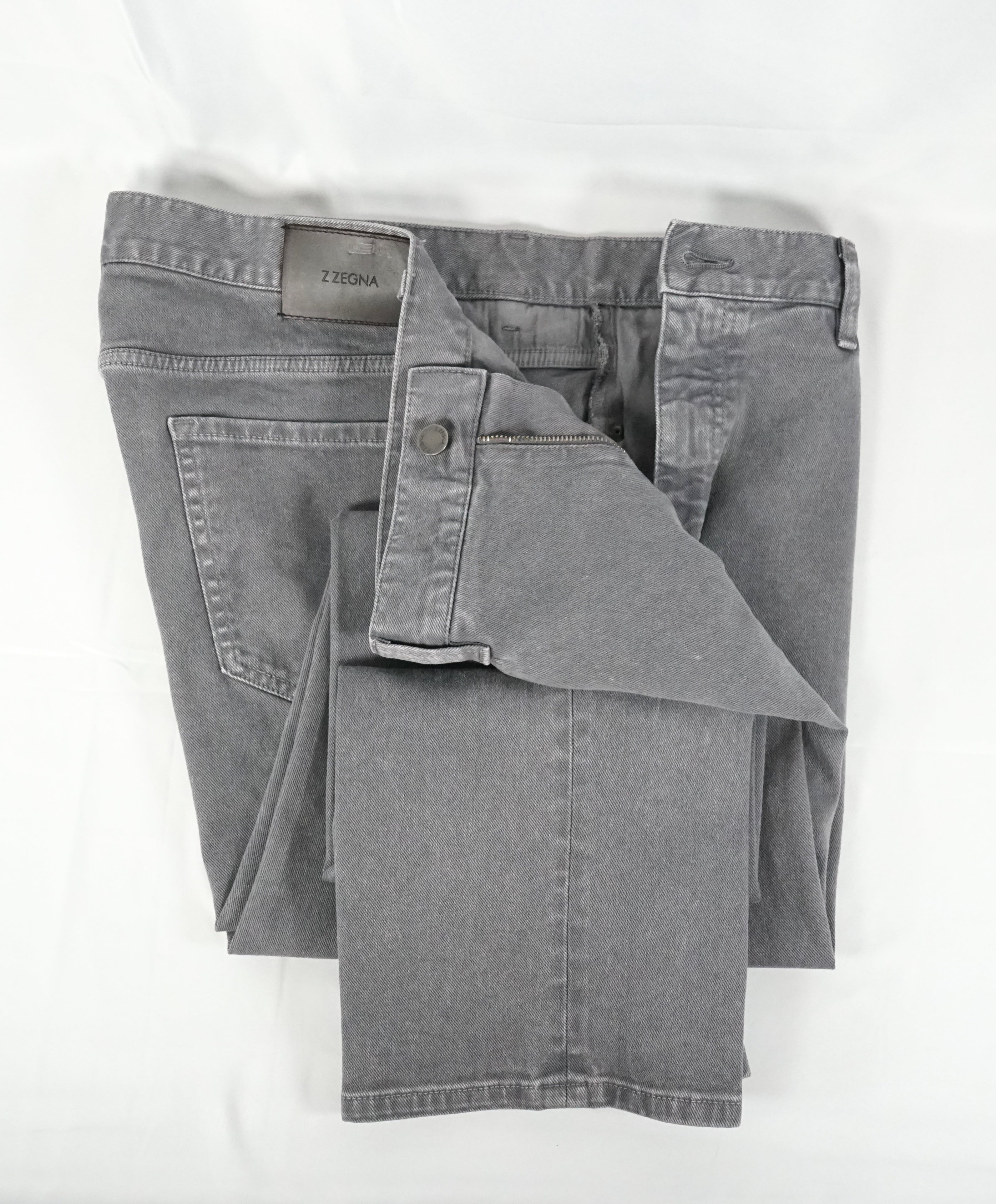 Z Zegna - Gray Washed 5-Pocket Twill Weave Logo Pants Jeans - 38W