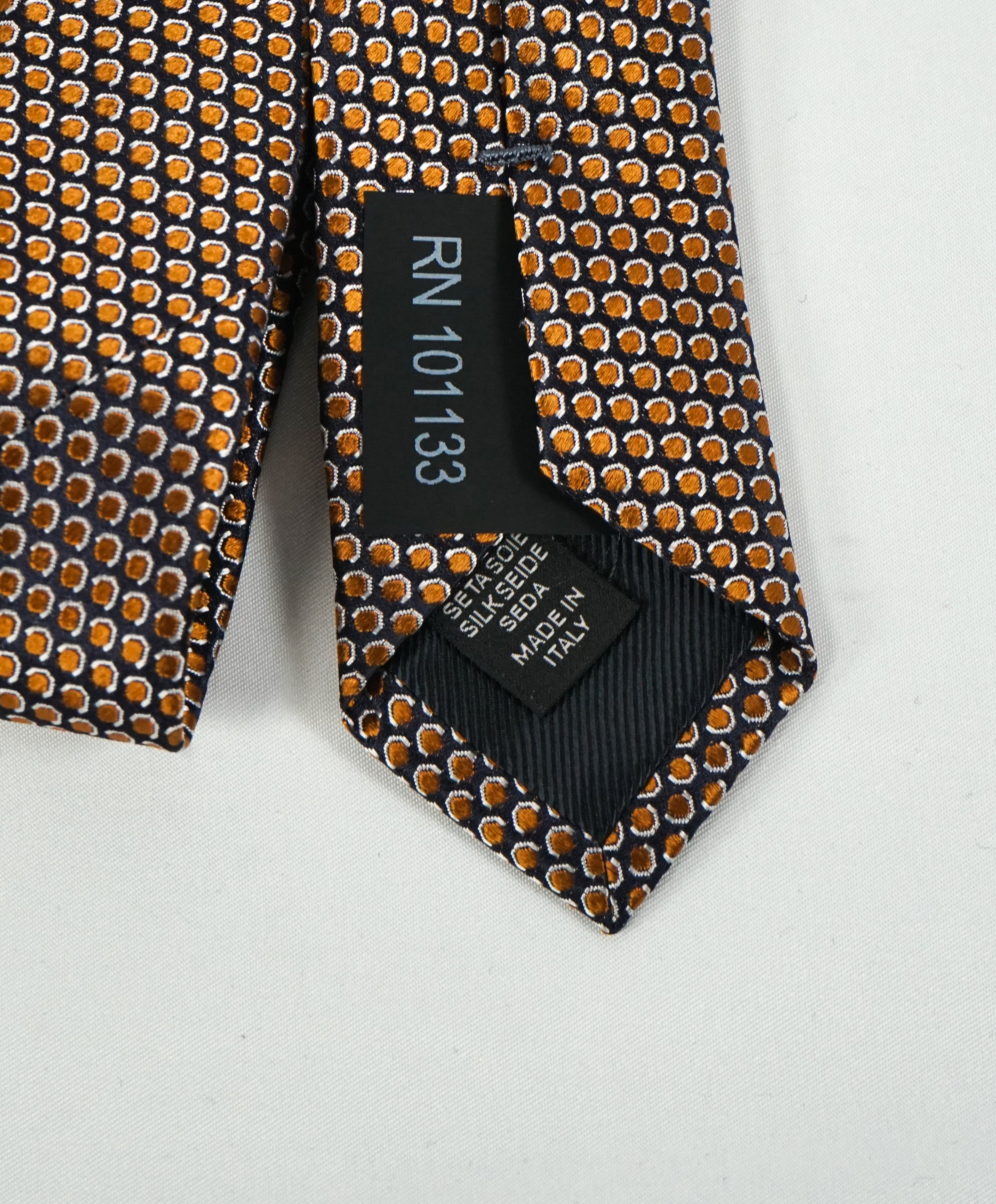 ERMENEGILDO ZEGNA - Orange Navy & Silver Geometric Silk Tie