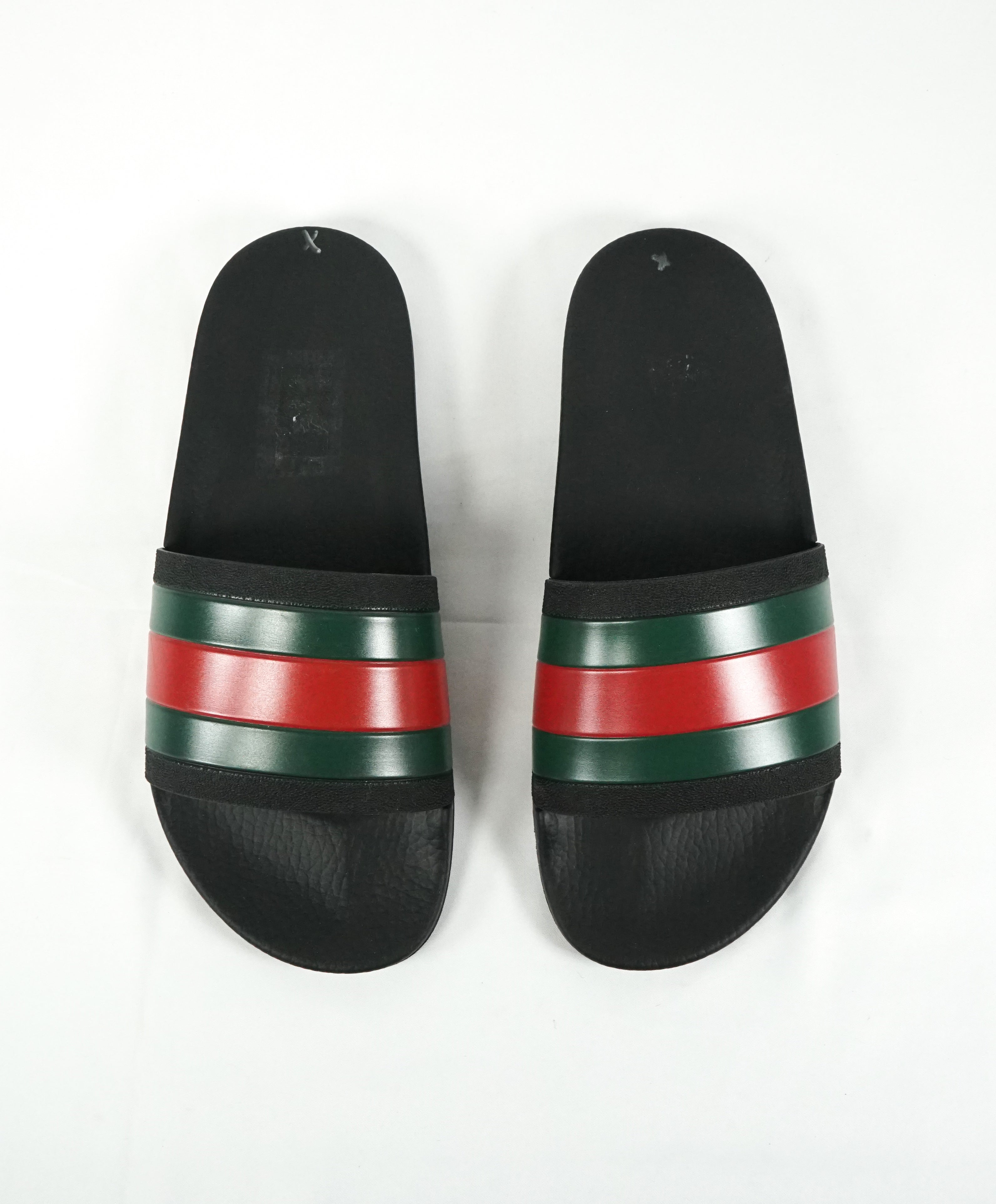 GUCCI - Iconic Green & Red Stripe Slides "72" Black Slippers - 9