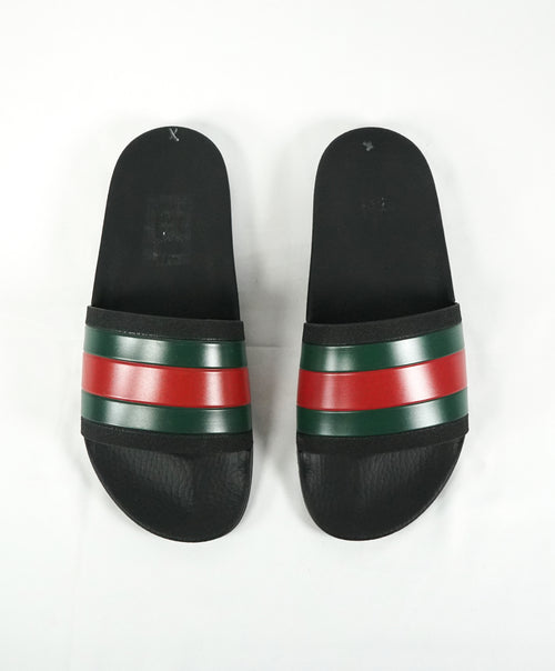 GUCCI - Iconic Green & Red Stripe Slides "72" Black Slippers - 9