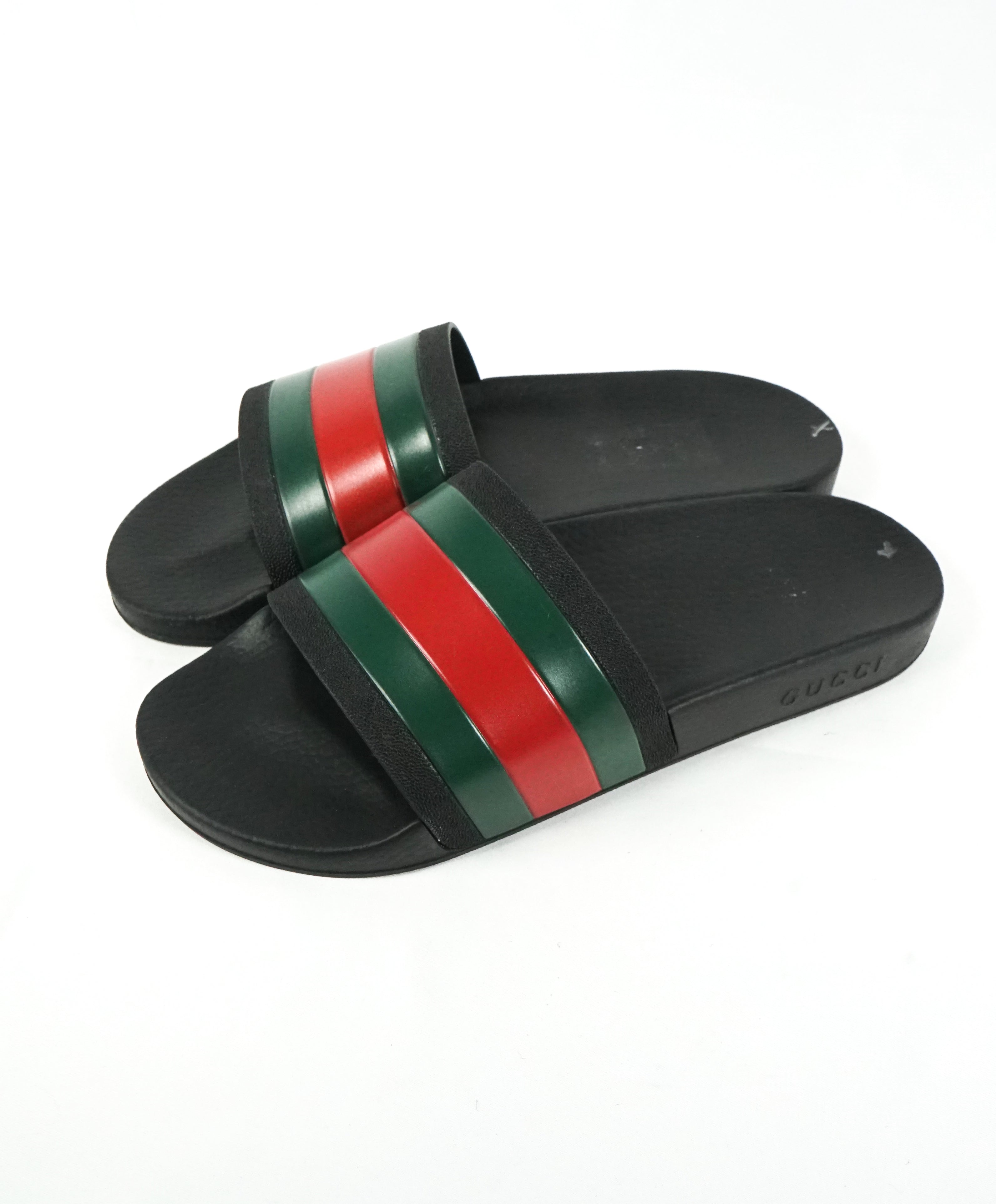 GUCCI - Iconic Green & Red Stripe Slides "72" Black Slippers - 9