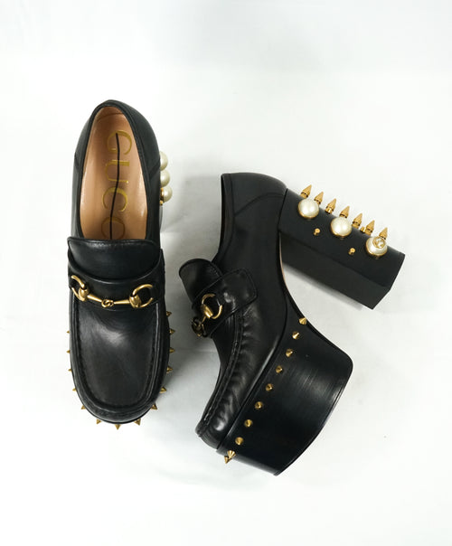 GUCCI - "Vegas" Spike Platform Heel With Gold GG Logo Pearls - 8