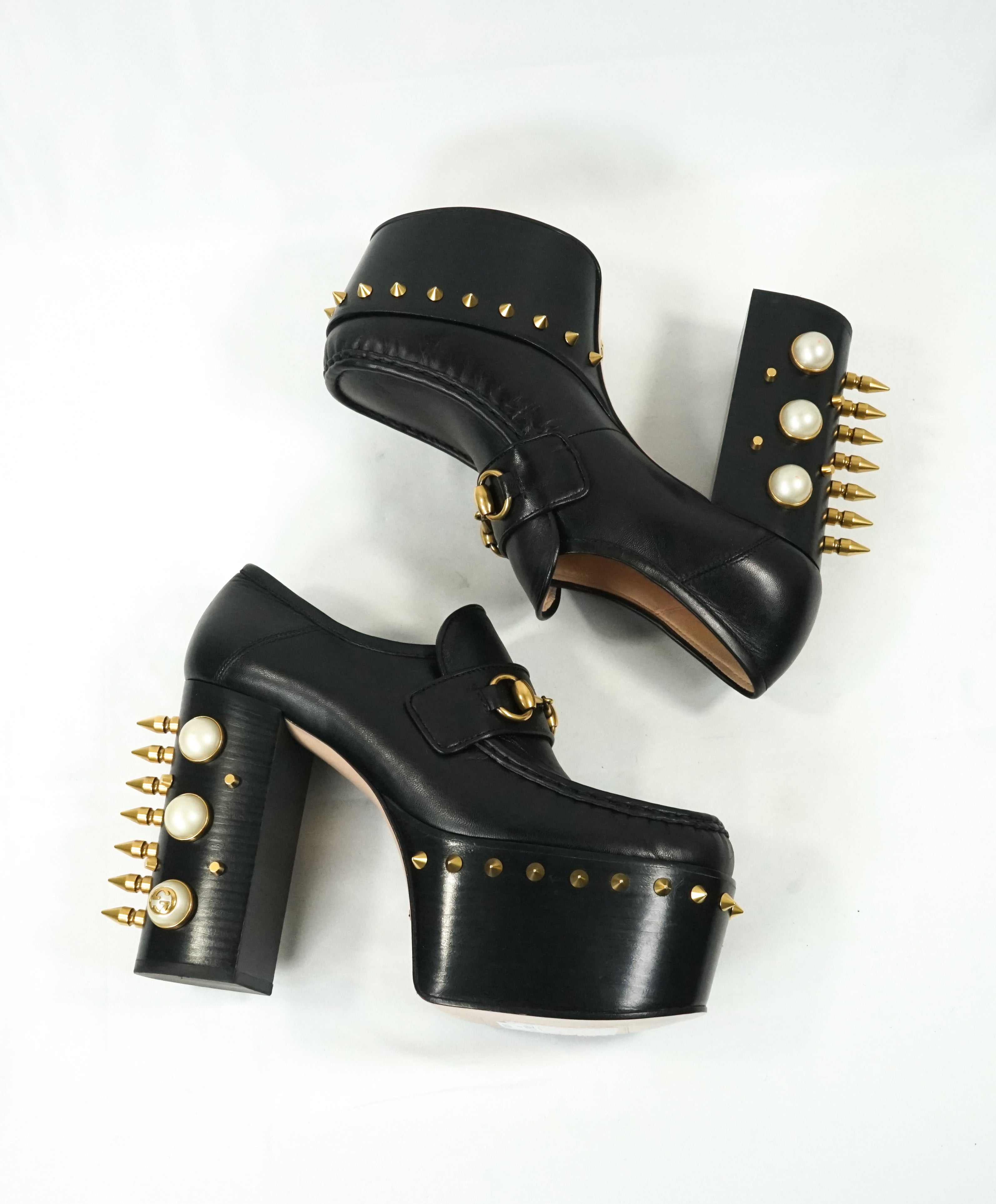 GUCCI - "Vegas" Spike Platform Heel With Gold GG Logo Pearls - 8.5