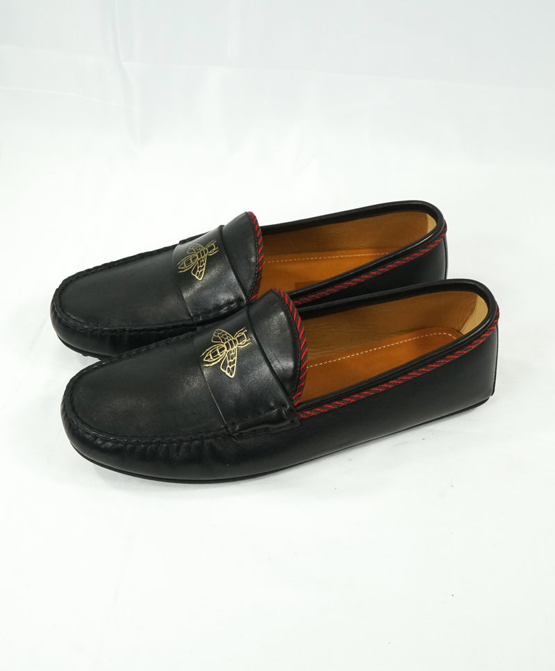 GUCCI - "Bee" Gold Logo Driving Loafers With Green & Red Detailing - 11 US