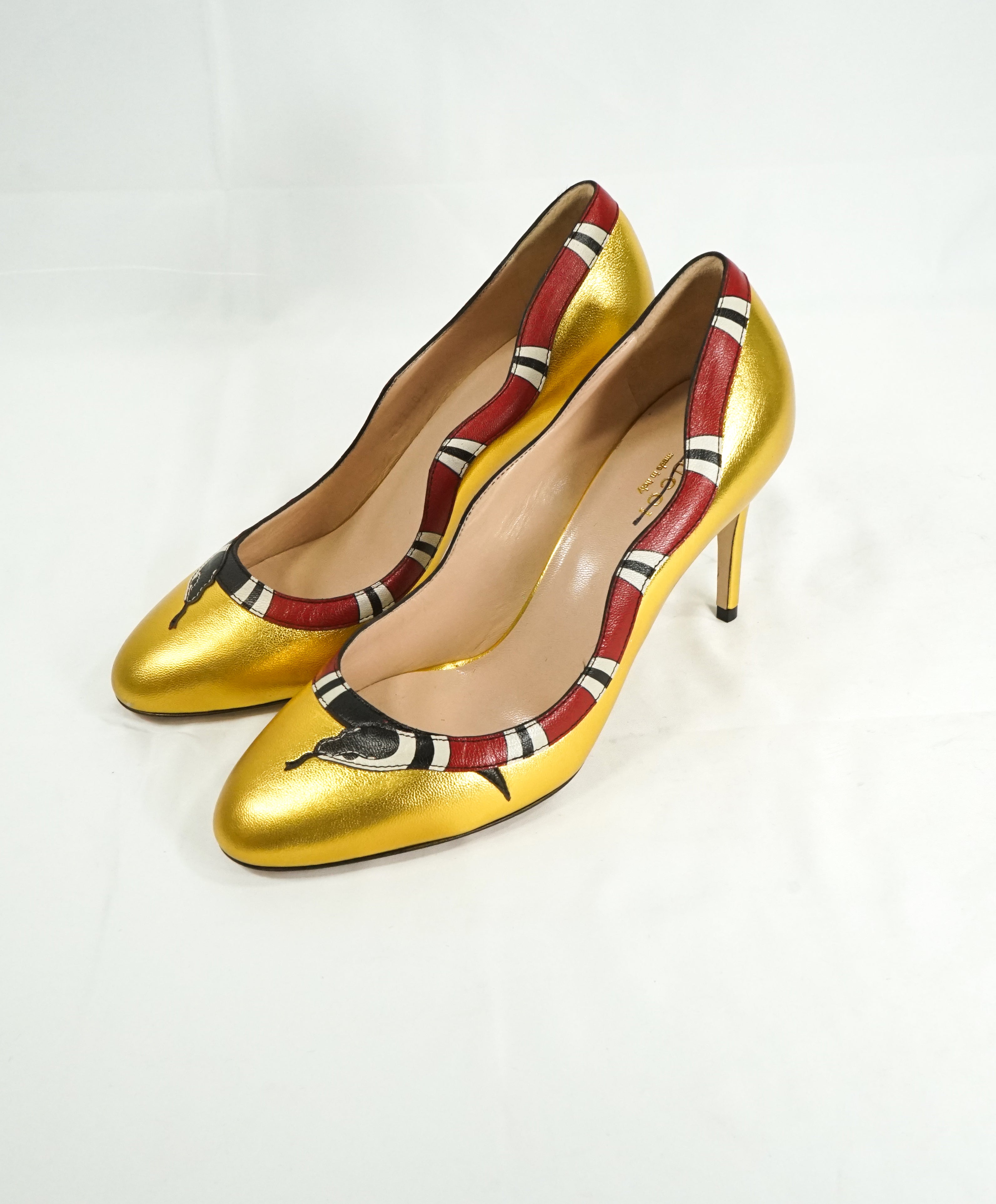 GUCCI - KingSnake Snake Gold Current High Heel Pumps- 7.5