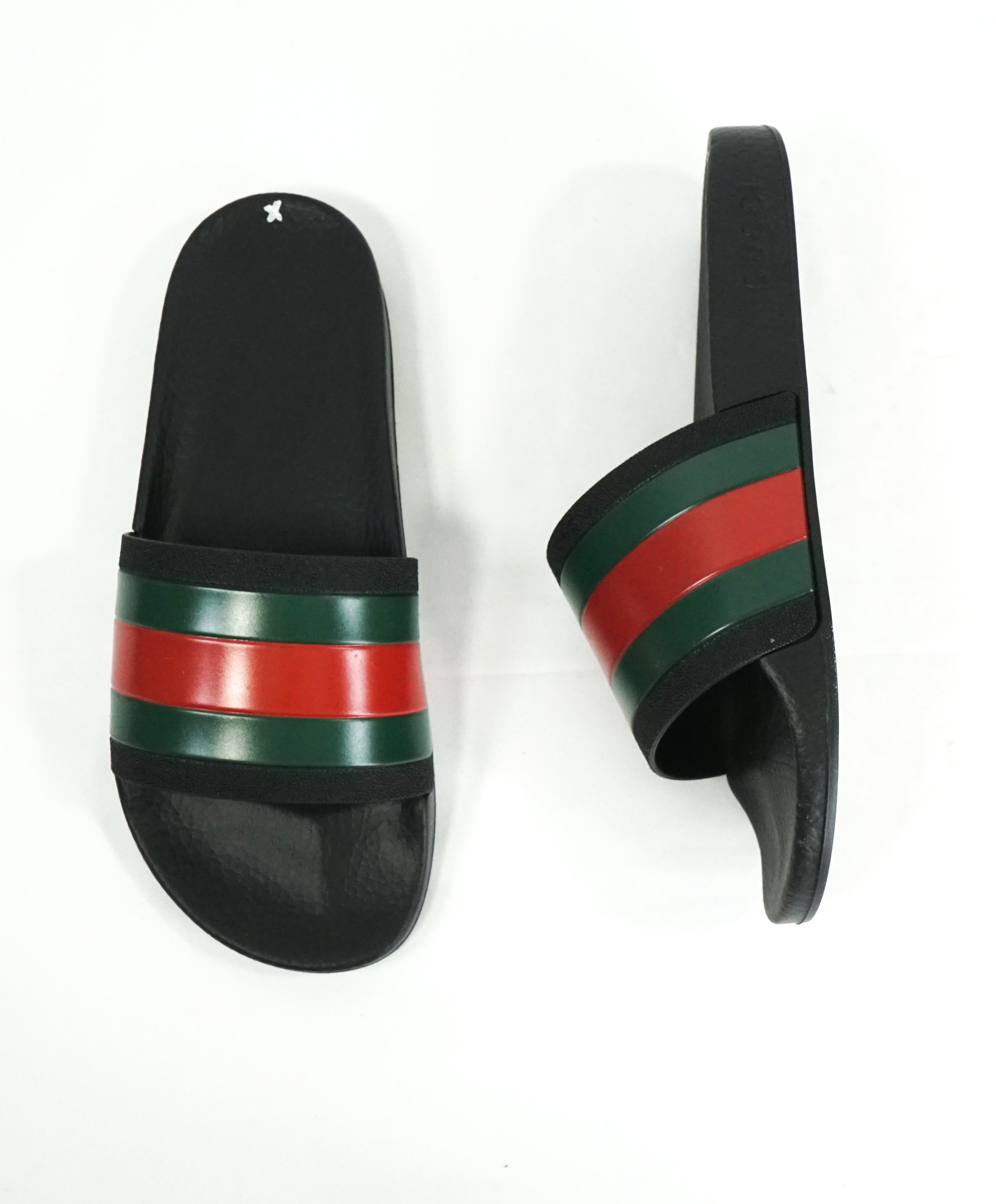 GUCCI -Iconic Green & Red Stripe Slides "72" Black Slippers - 8