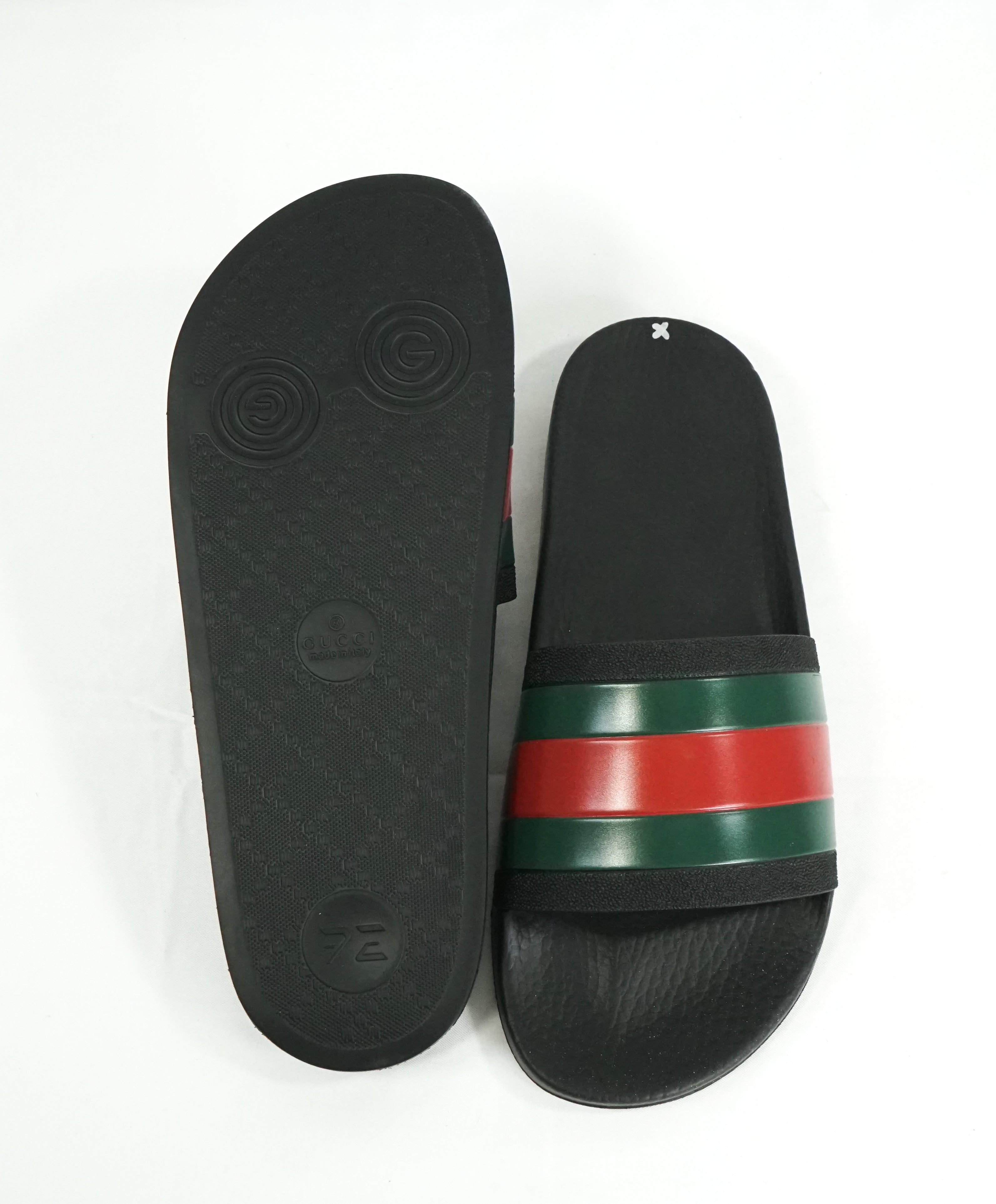 GUCCI -Iconic Green & Red Stripe Slides "72" Black Slippers - 8