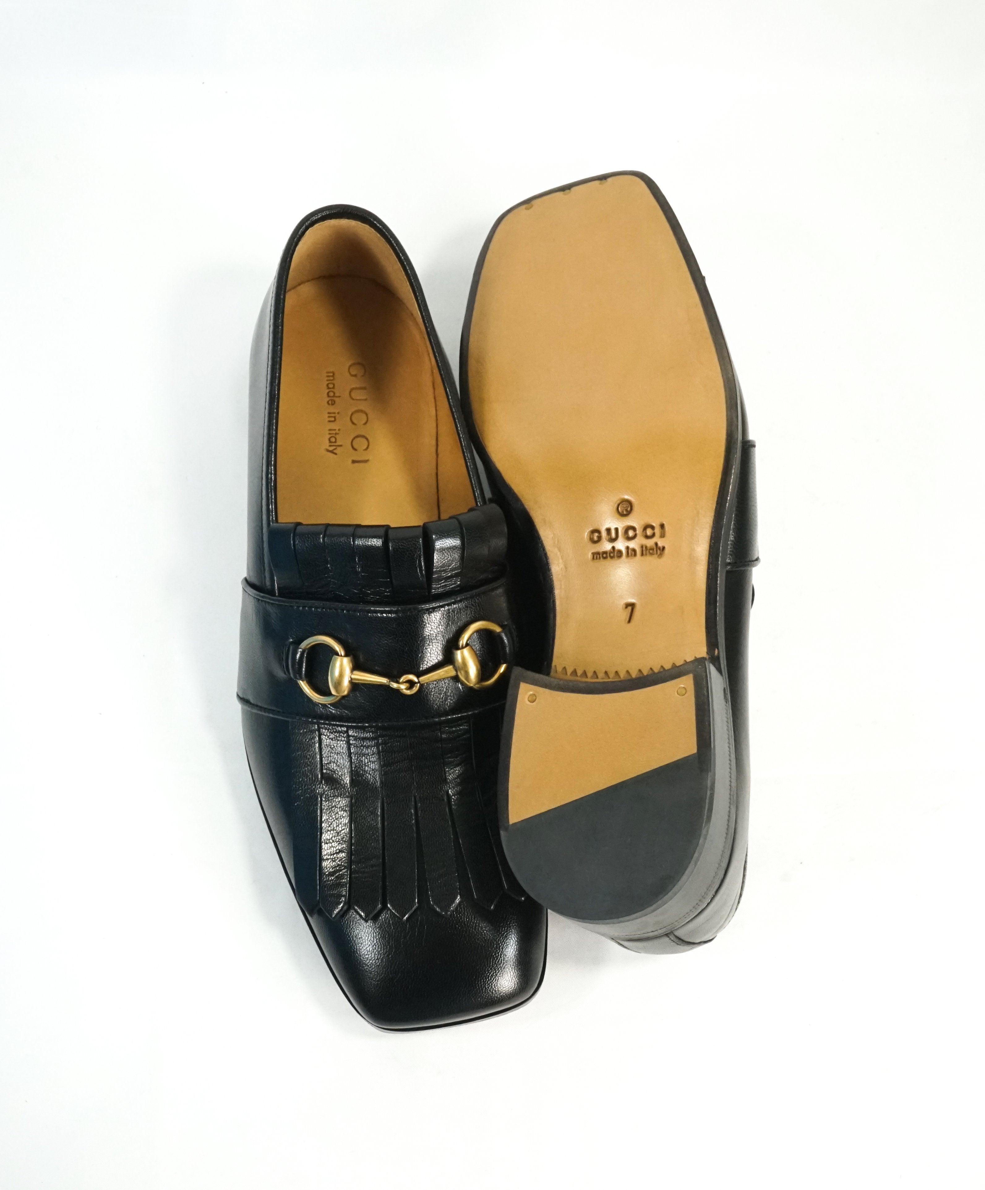 GUCCI - "Malaga" Kid Polly Kiltie Black & Gold Horsebit Fringe Loafers - 7.5 US (7G)