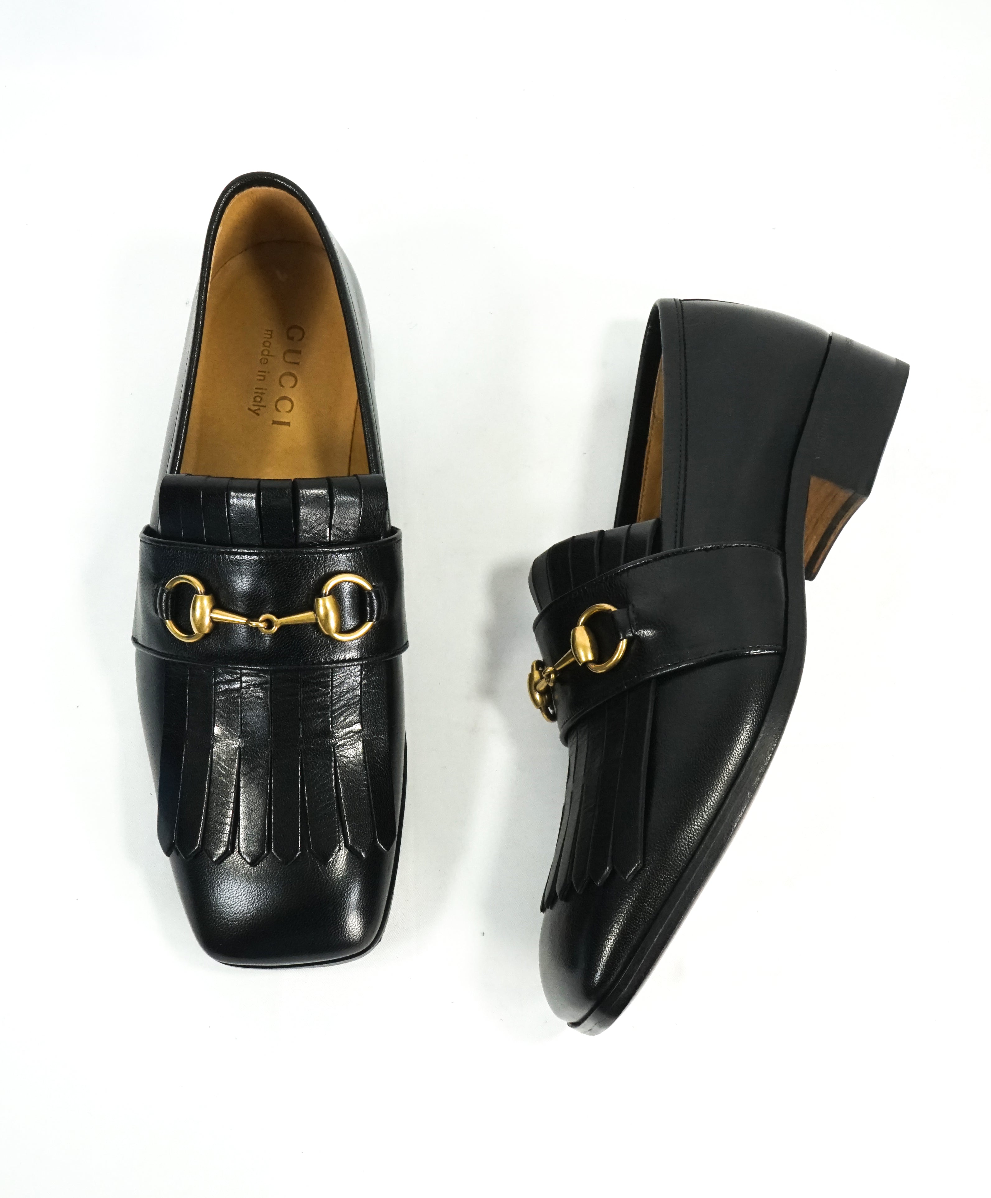 GUCCI - "Malaga" Kid Polly Kiltie Black & Gold Horsebit Fringe Loafers - 6.5