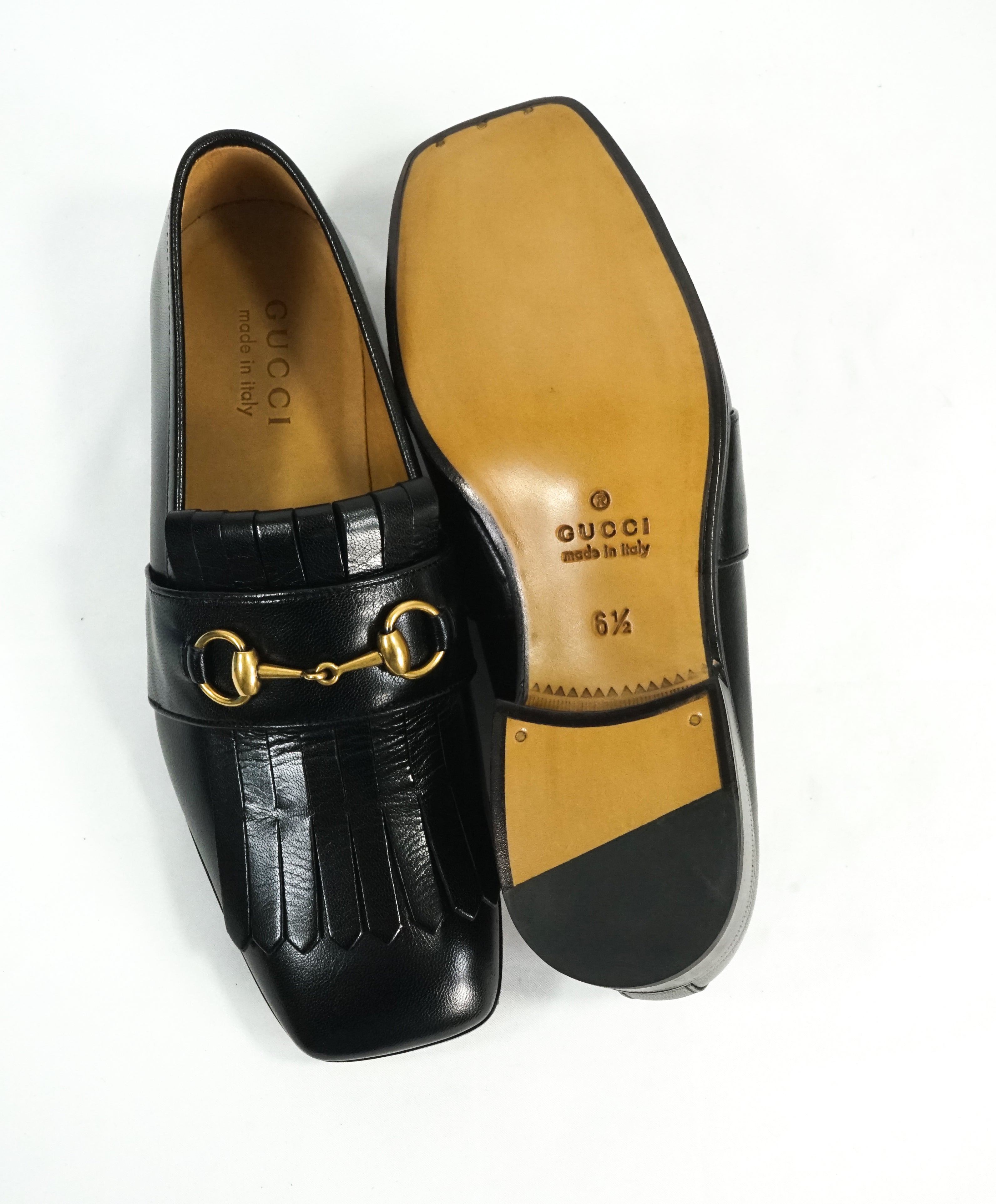 GUCCI - "Malaga" Kid Polly Kiltie Black & Gold Horsebit Fringe Loafers - 6.5