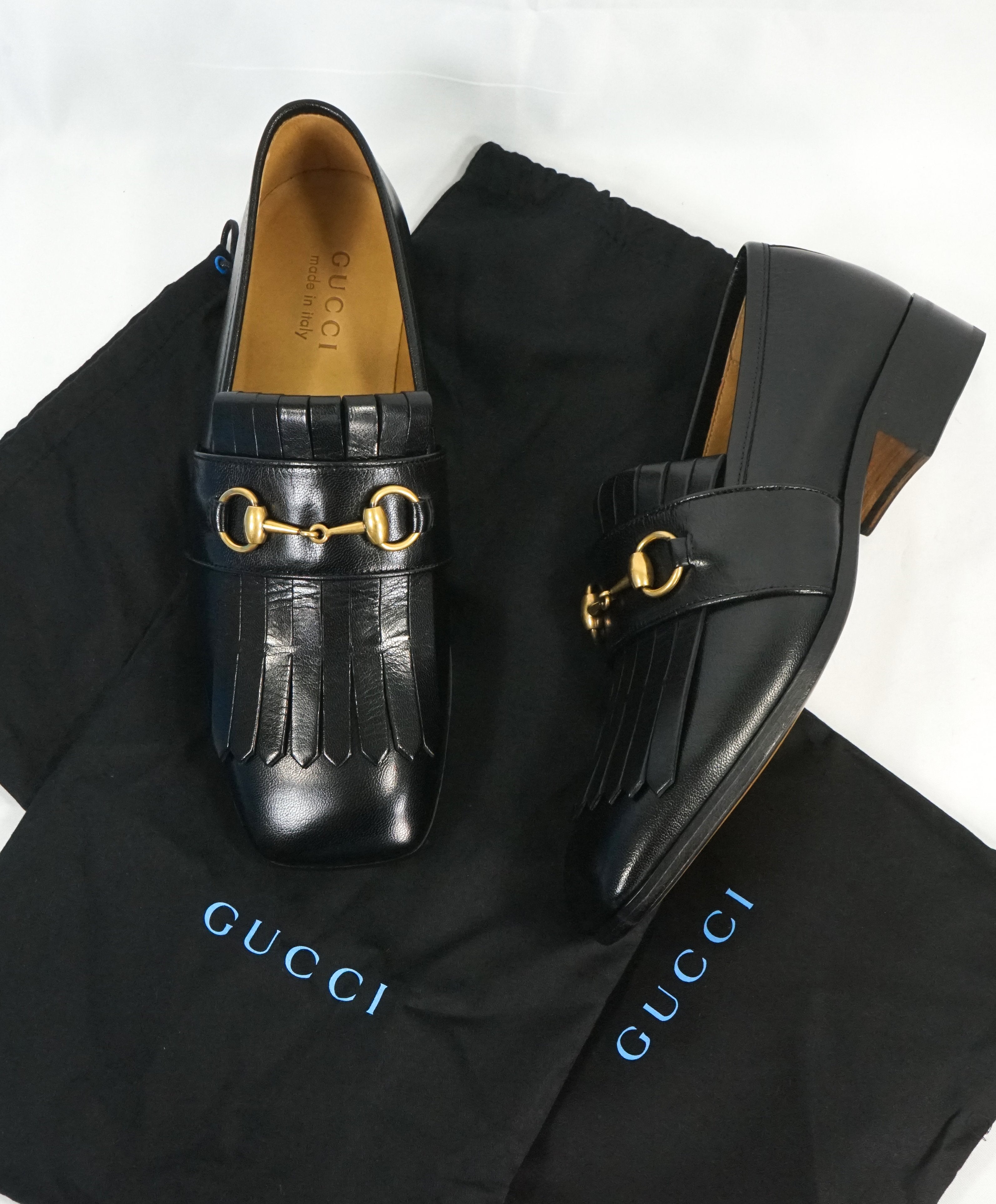 GUCCI - "Malaga" Kid Polly Kiltie Black & Gold Horsebit Fringe Loafers - 7.5 US (7G)