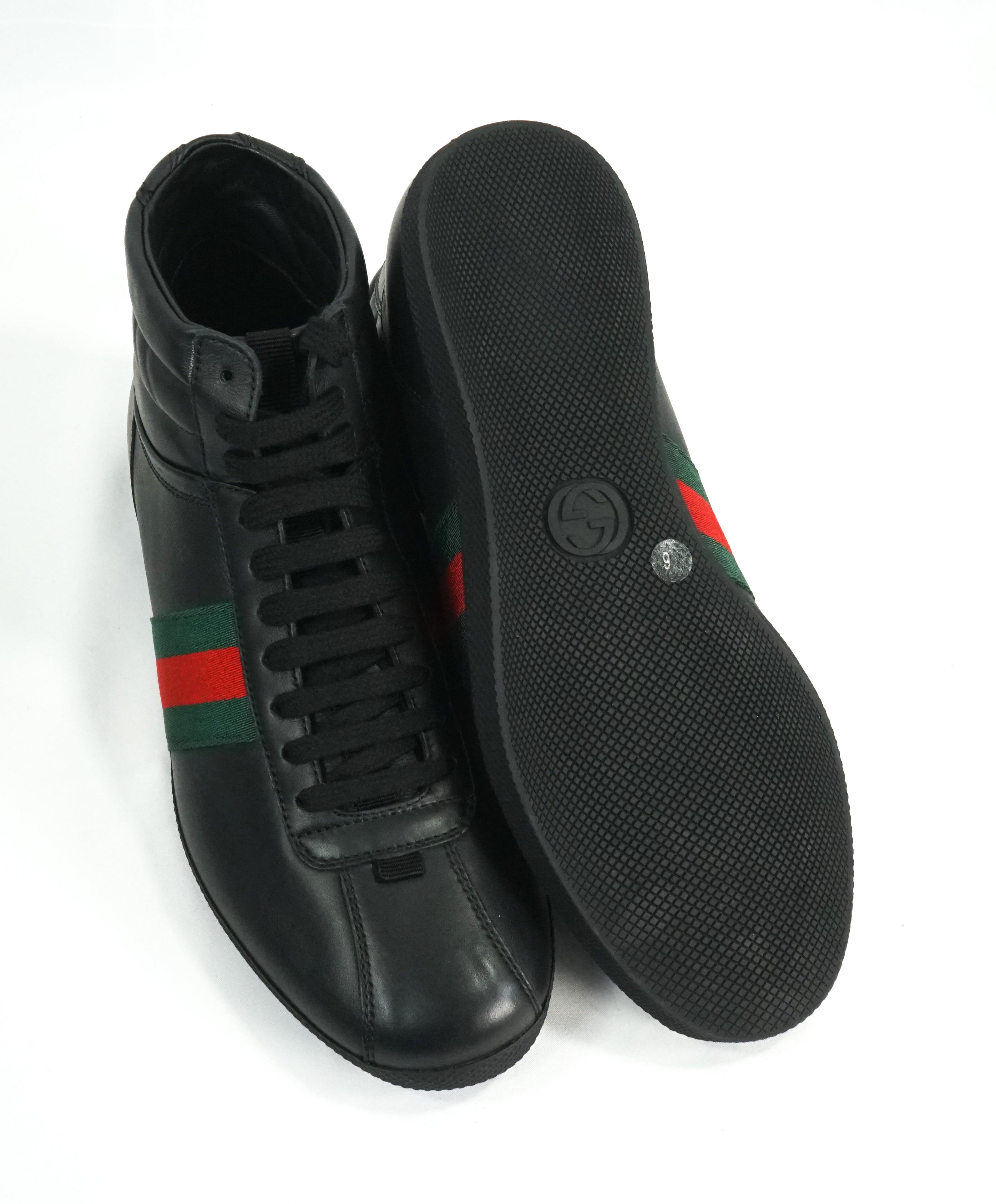 GUCCI - Red & Green Logo Stripe GG High-Top Black Sneakers - 6G / 6.5 US