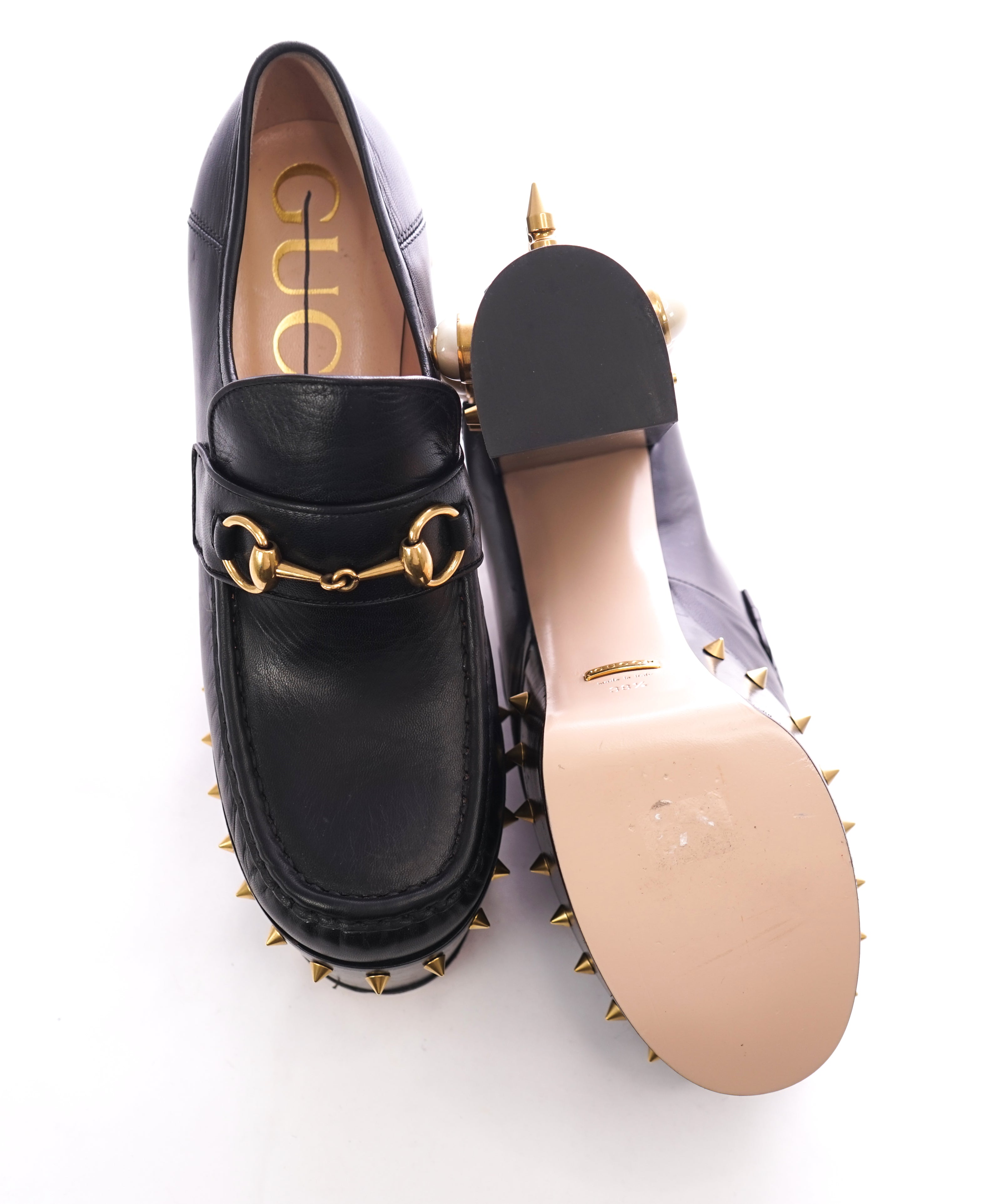 GUCCI - "Vegas" Spike Platform Heel With Gold GG Logo Pearls - 8.5