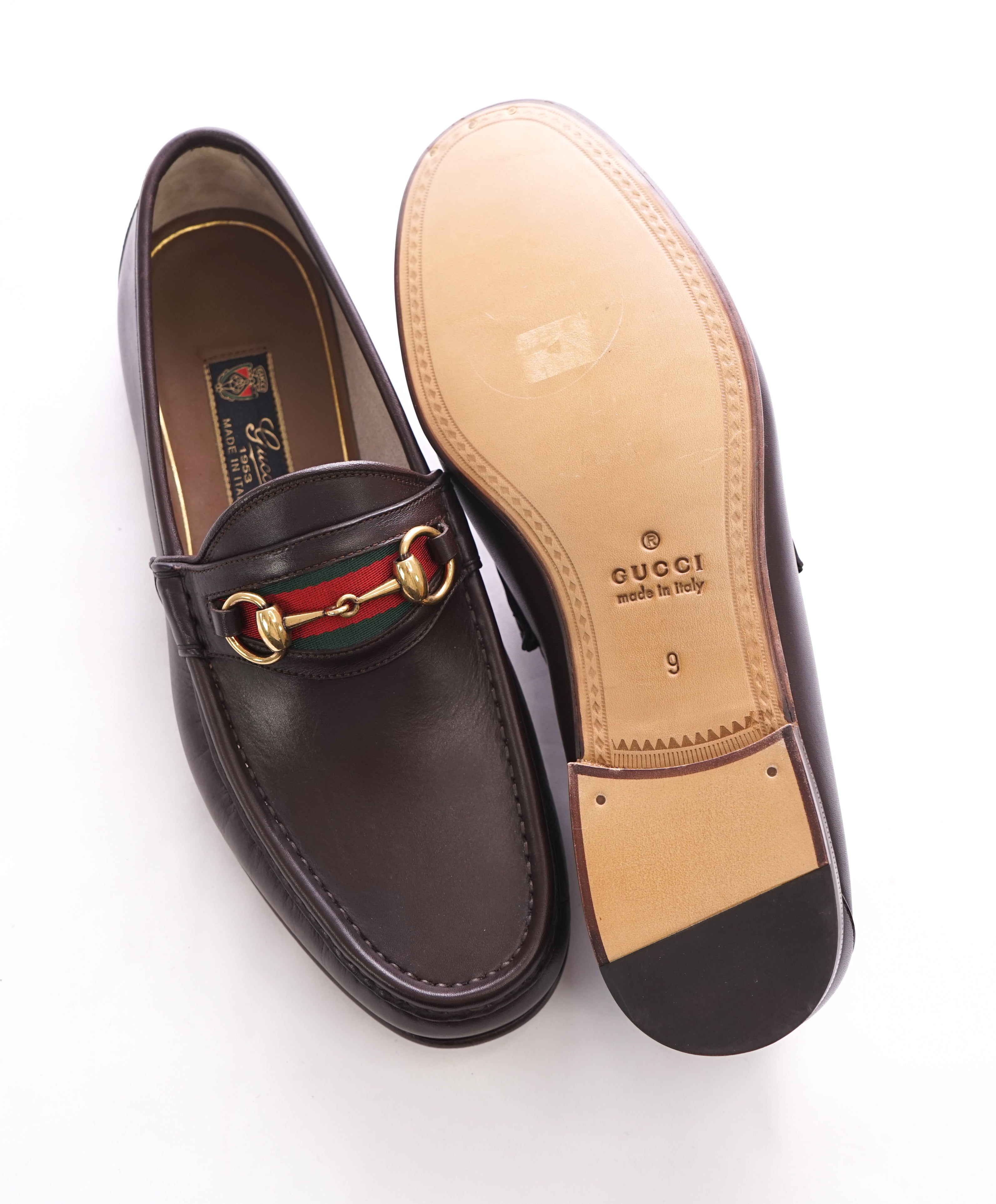 GUCCI - Horse-bit Leather sole Loafers Brown With Logo Detail Iconic Style - 9.5