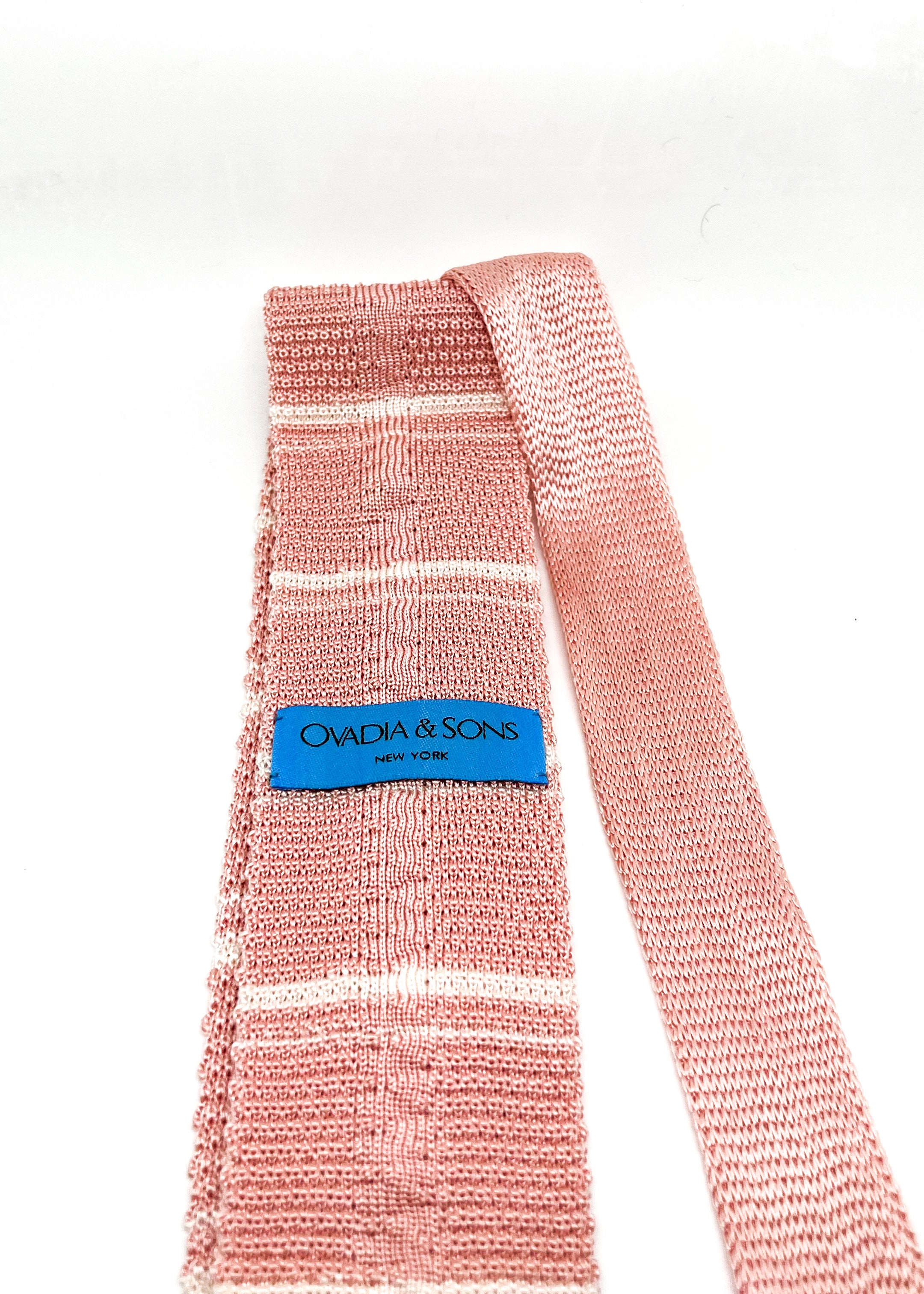 $165 OVADIA & SONS - Pink & White Stripe Knit Silk - Tie