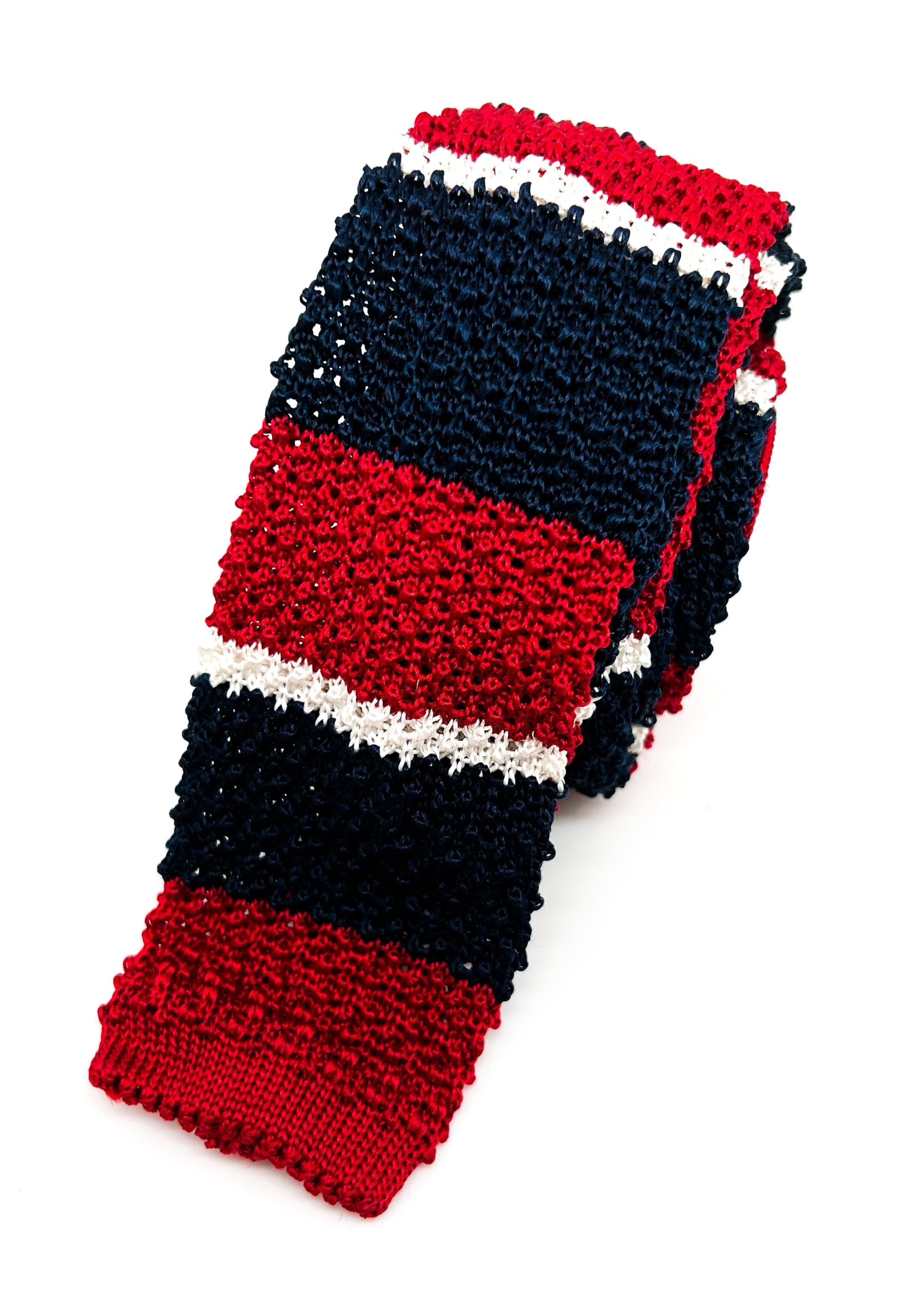 $165 OVADIA & SONS - Red Blue & White Stripe Knit Silk - Tie