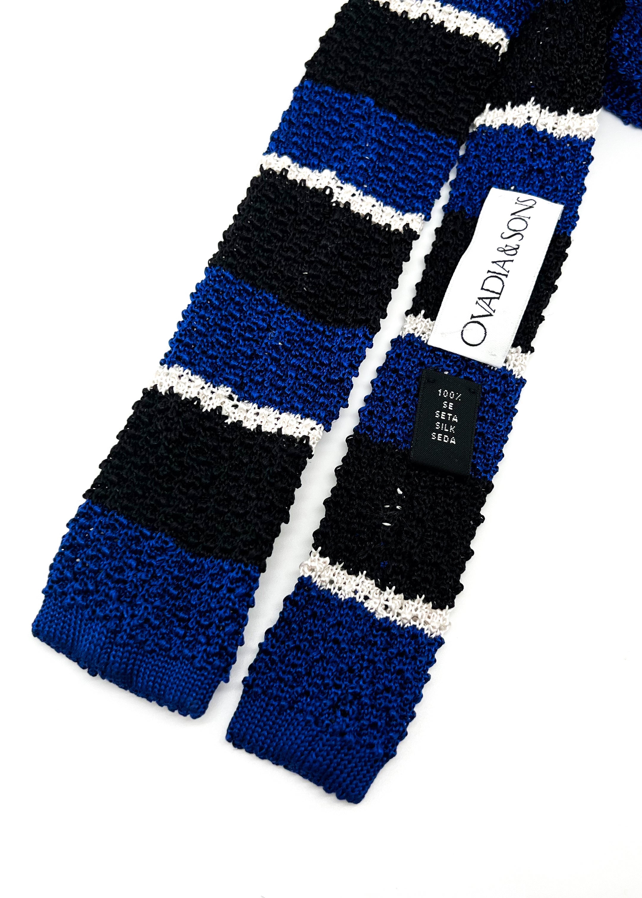 $165 OVADIA & SONS - Blue Navy & White Stripe Knit Silk - Tie