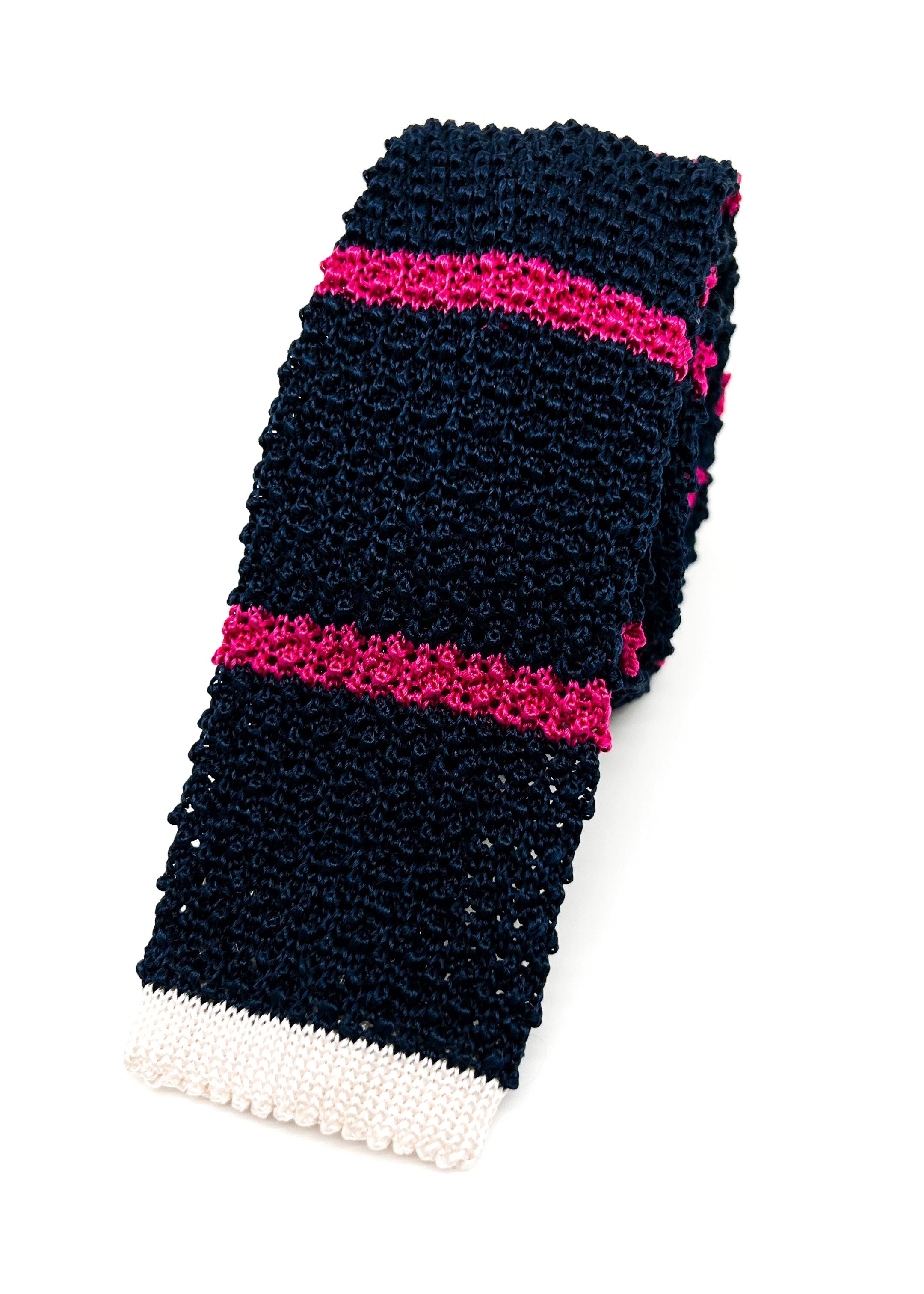 $165 OVADIA & SONS - Pink & Navy Stripe Knit Silk "White Tips" - Tie