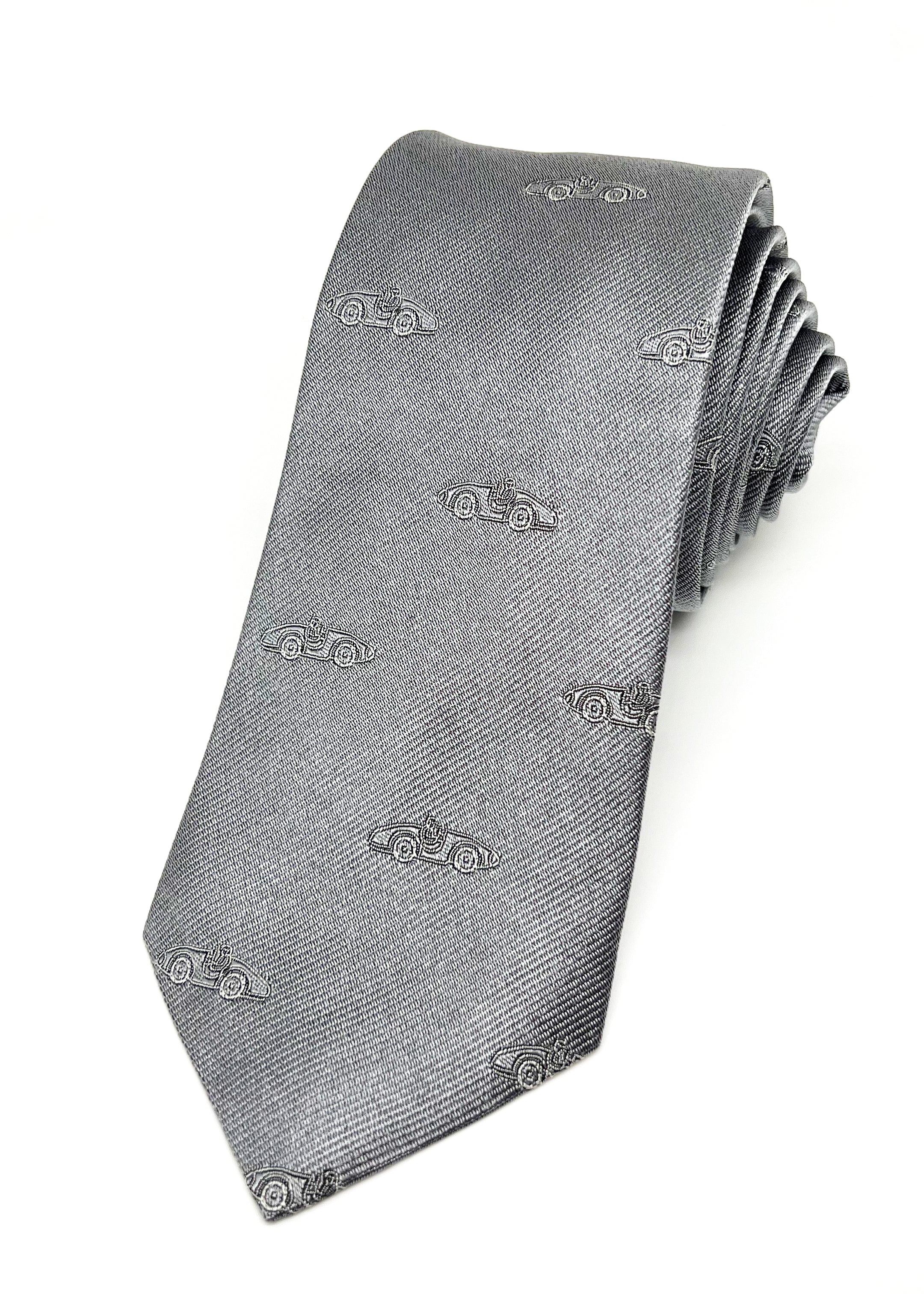 $165 OVADIA & SONS - Silver & White 'Art Deco' Race Car - Tie