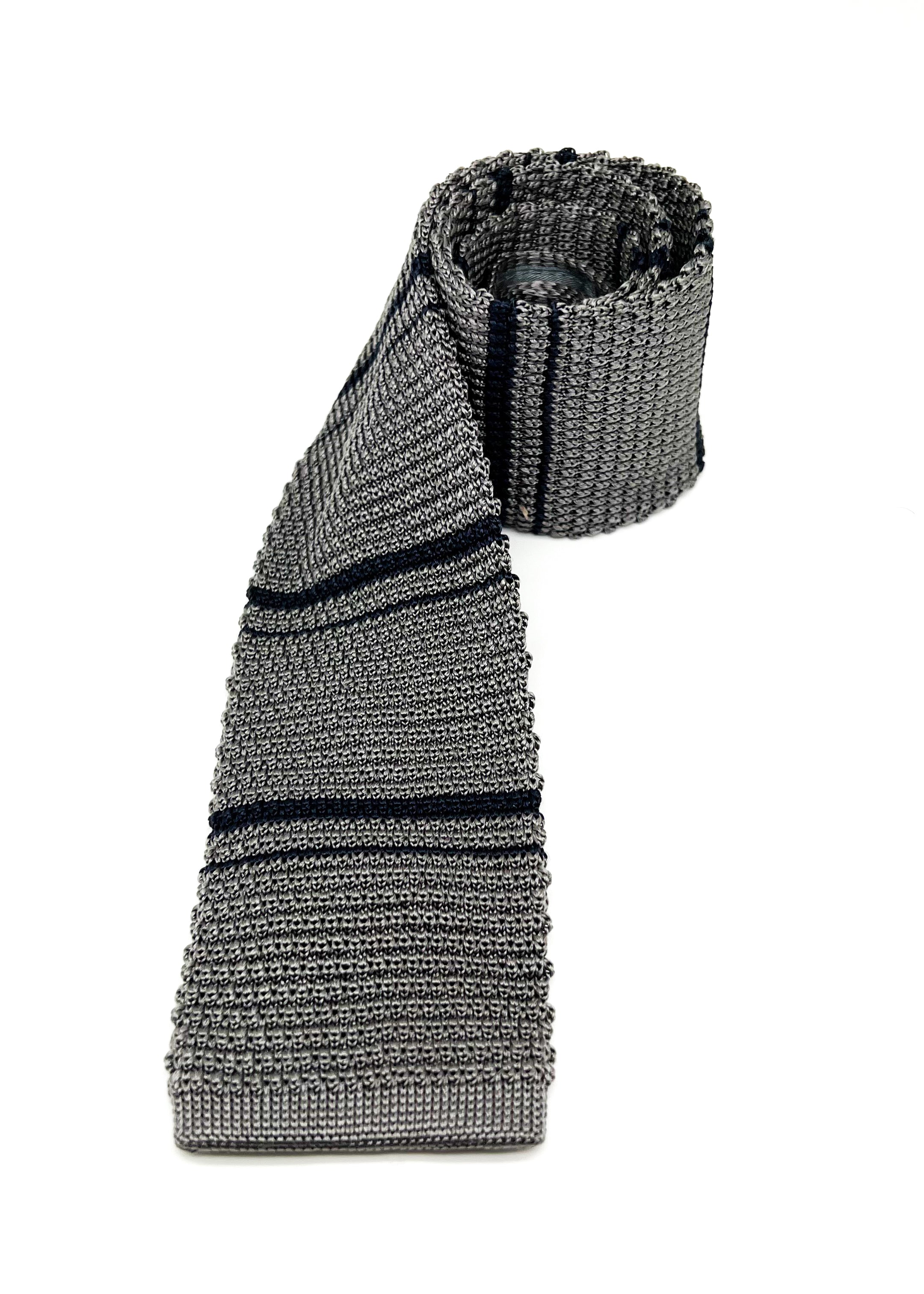 $165 OVADIA & SONS - SILK Knit Gray & Navy Stripe - Tie