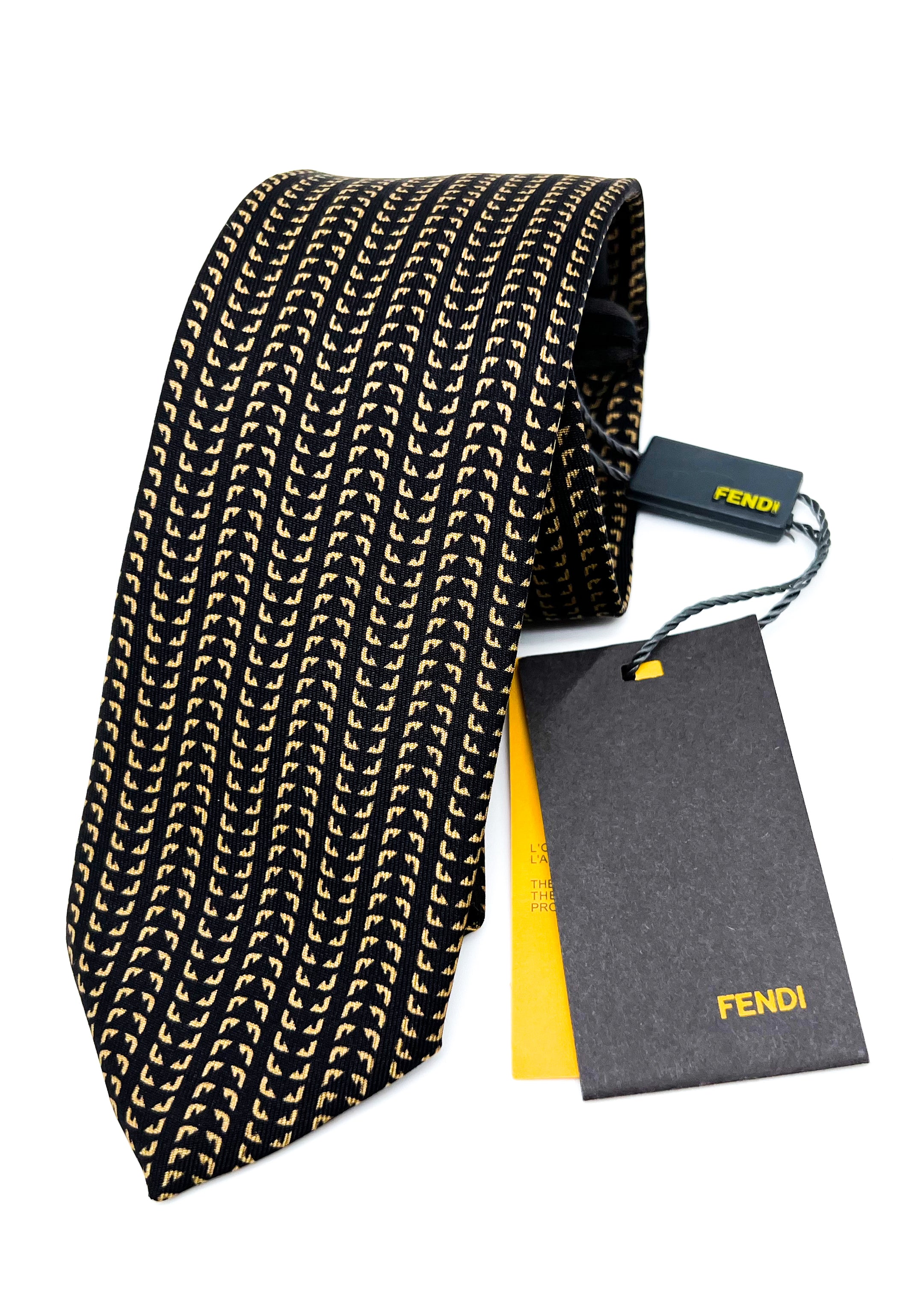 $260 FENDI - Black & Yellow LOGO Eyes 2.25" Silk - Tie