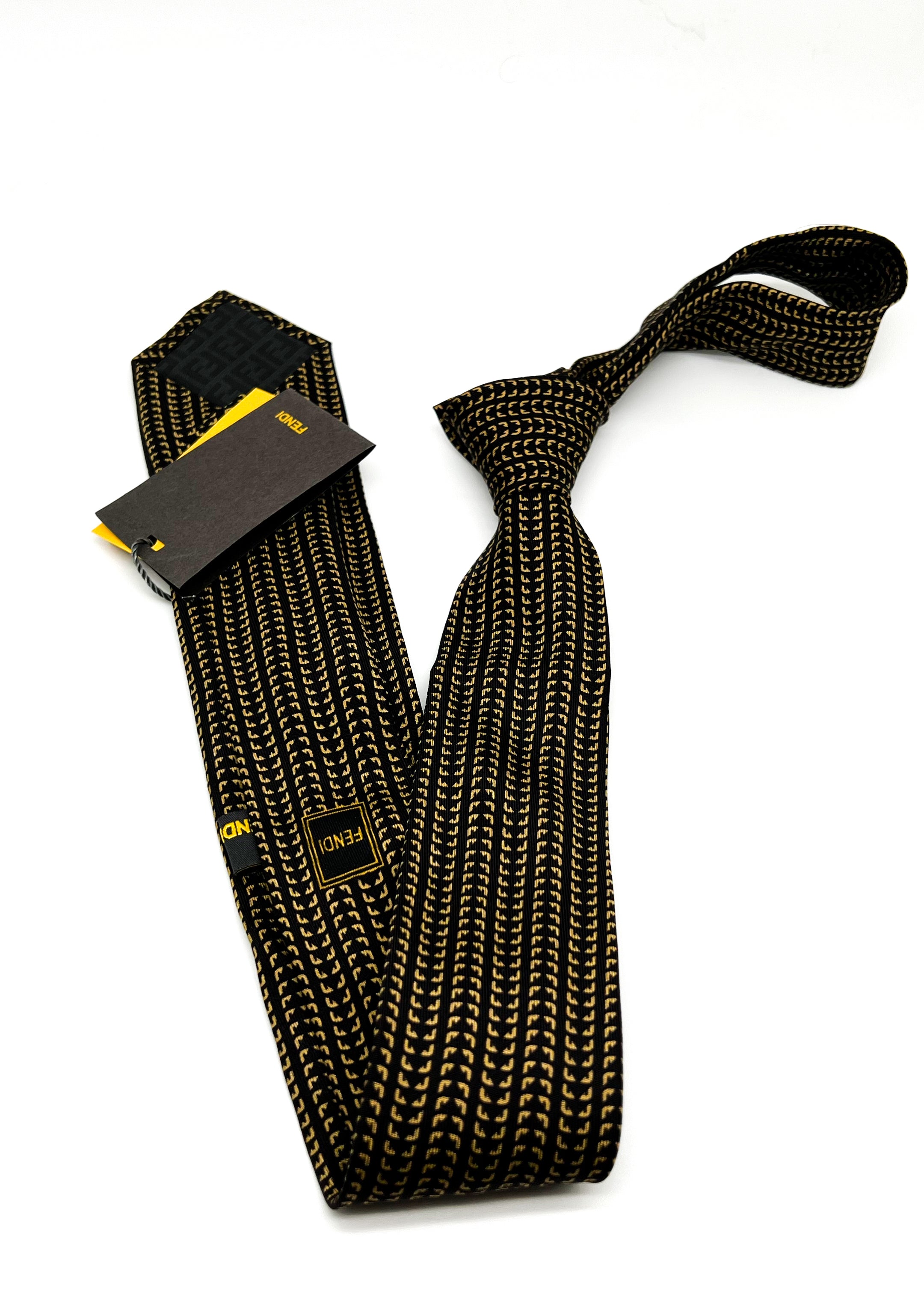 $260 FENDI - Black & Yellow LOGO Eyes 2.25" Silk - Tie