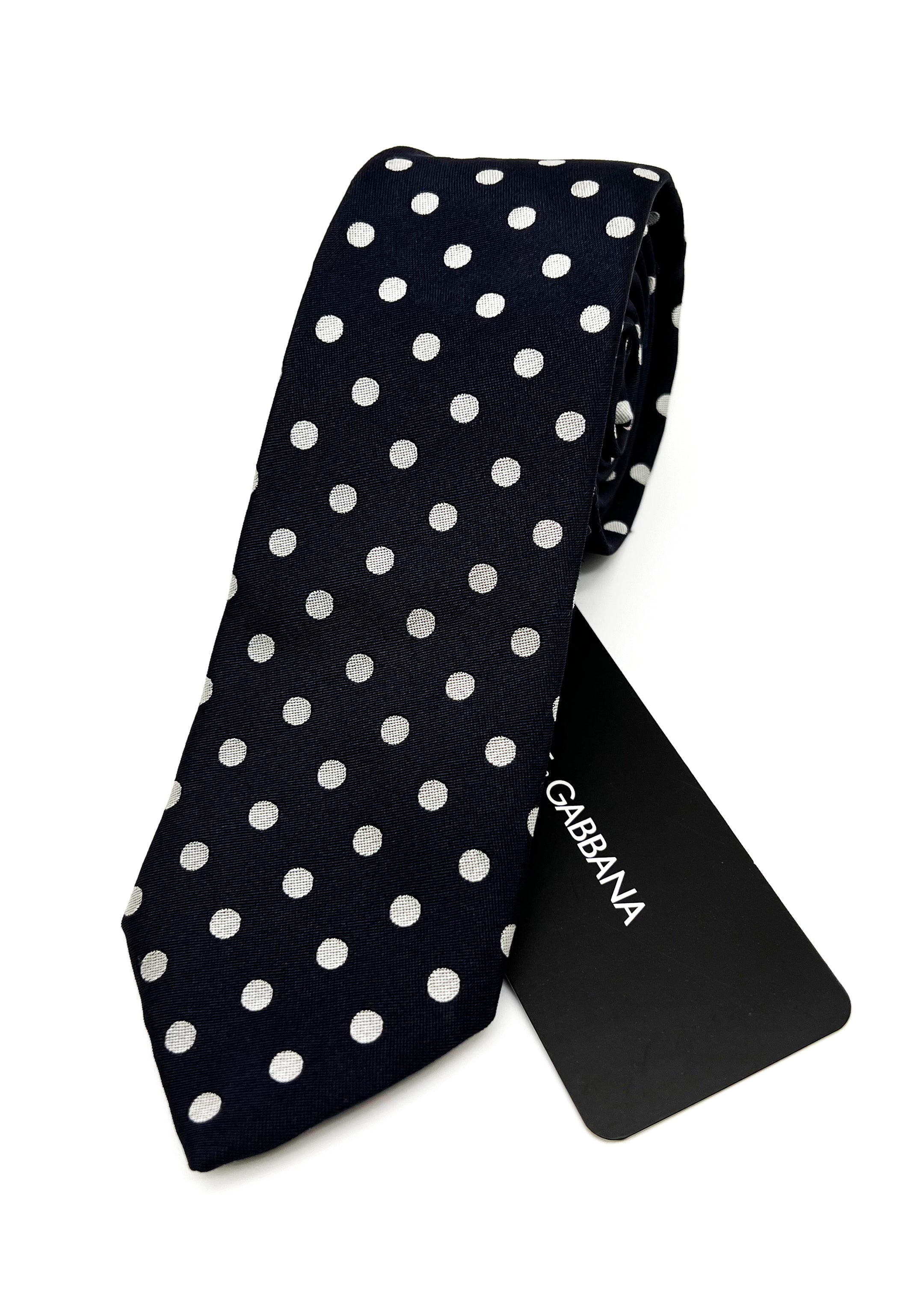 $175 DOLCE & GABBANA - Navy & Silver Polka Dot Silk 2.5" - Tie