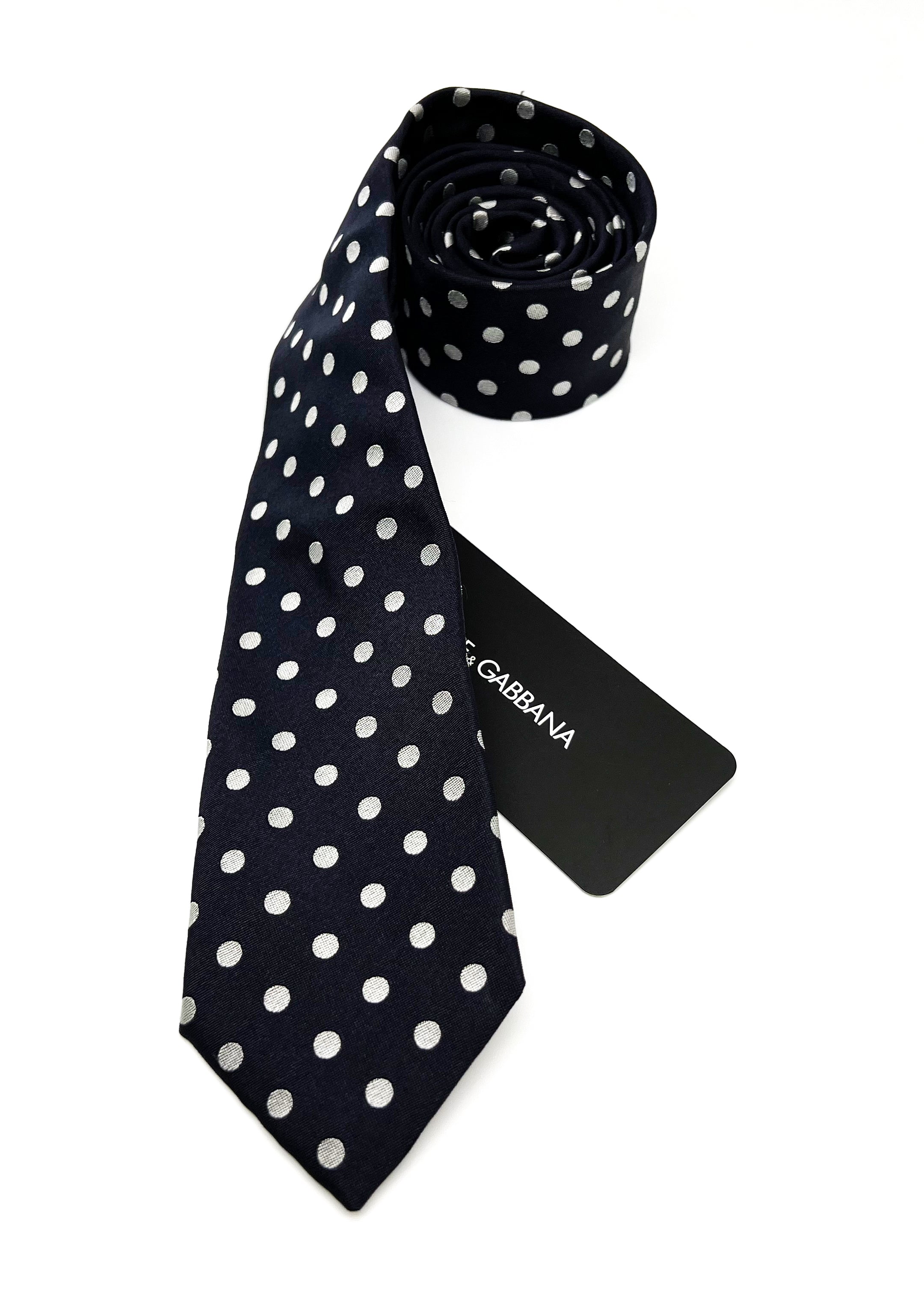 $175 DOLCE & GABBANA - Navy & Silver Polka Dot Silk 2.5" - Tie