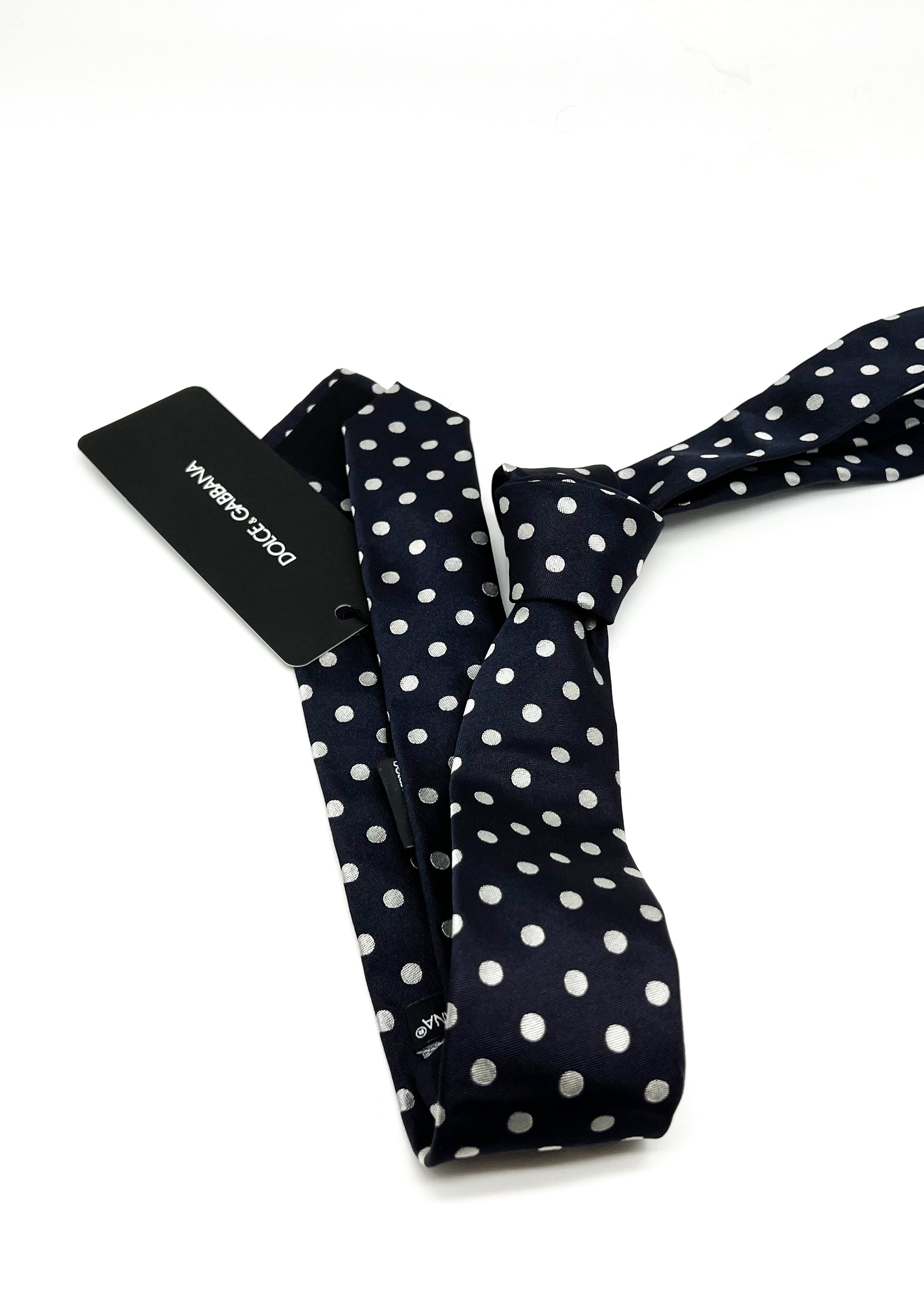 $175 DOLCE & GABBANA - Navy & Silver Polka Dot Silk 2.5" - Tie