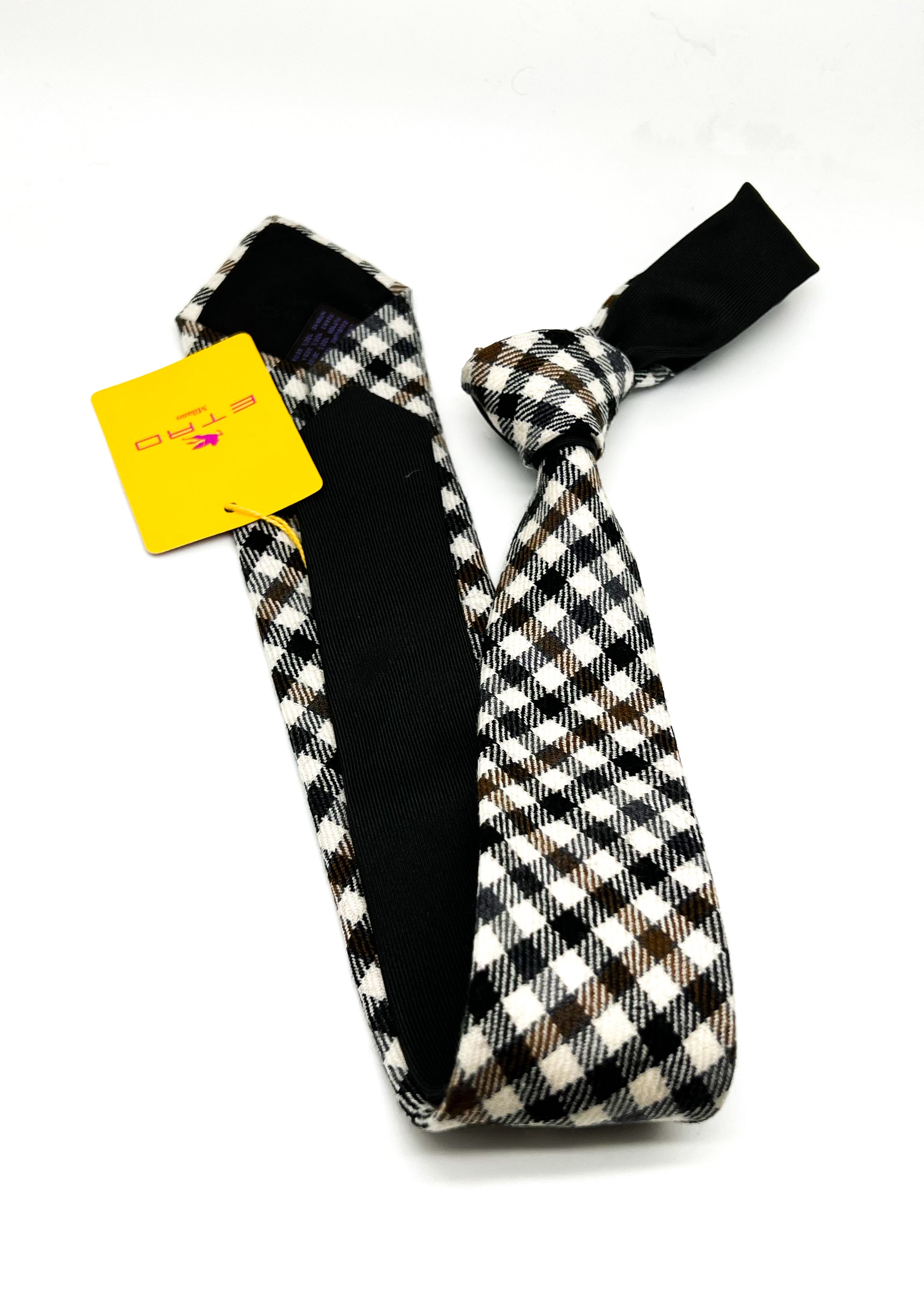 $260 ETRO - Ivory / Black WOOL/SILK Blend Gingham Check 2.75" - Tie