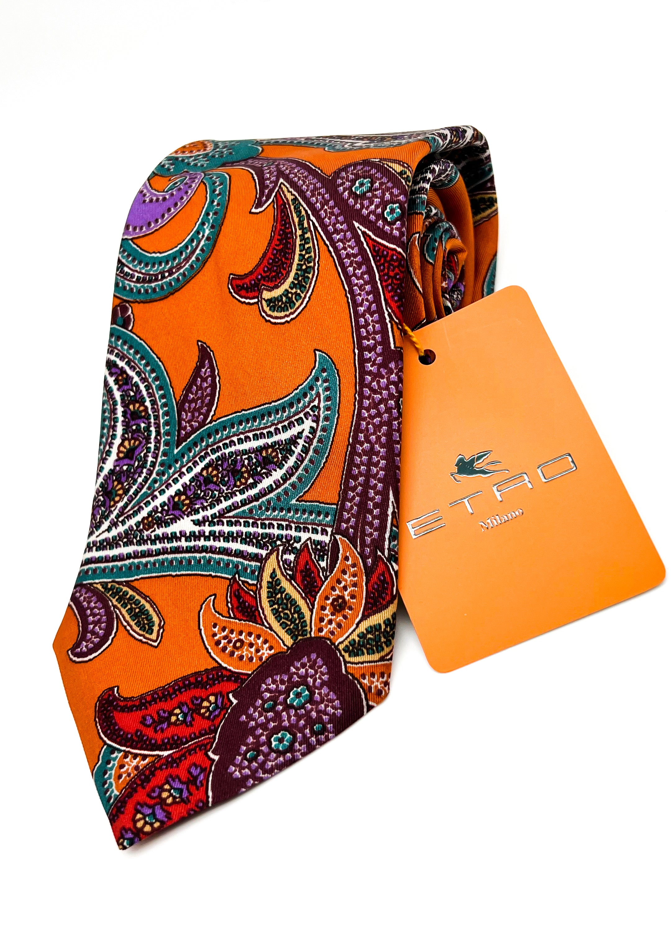 $260 ETRO - Vibrant Orange Multi-Color Bold LOGO Paisley 3.25" - Tie