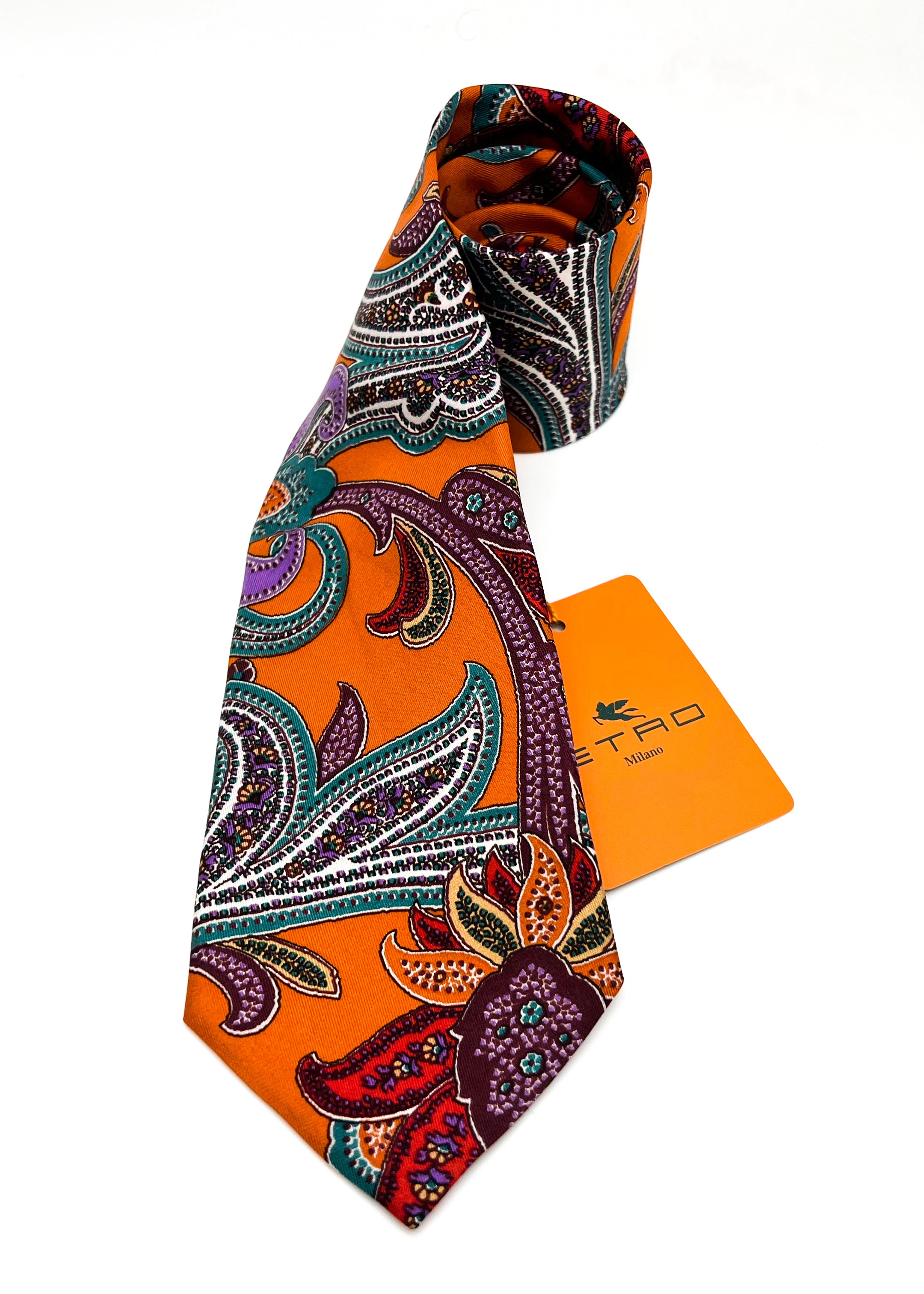 $260 ETRO - Vibrant Orange Multi-Color Bold LOGO Paisley 3.25" - Tie